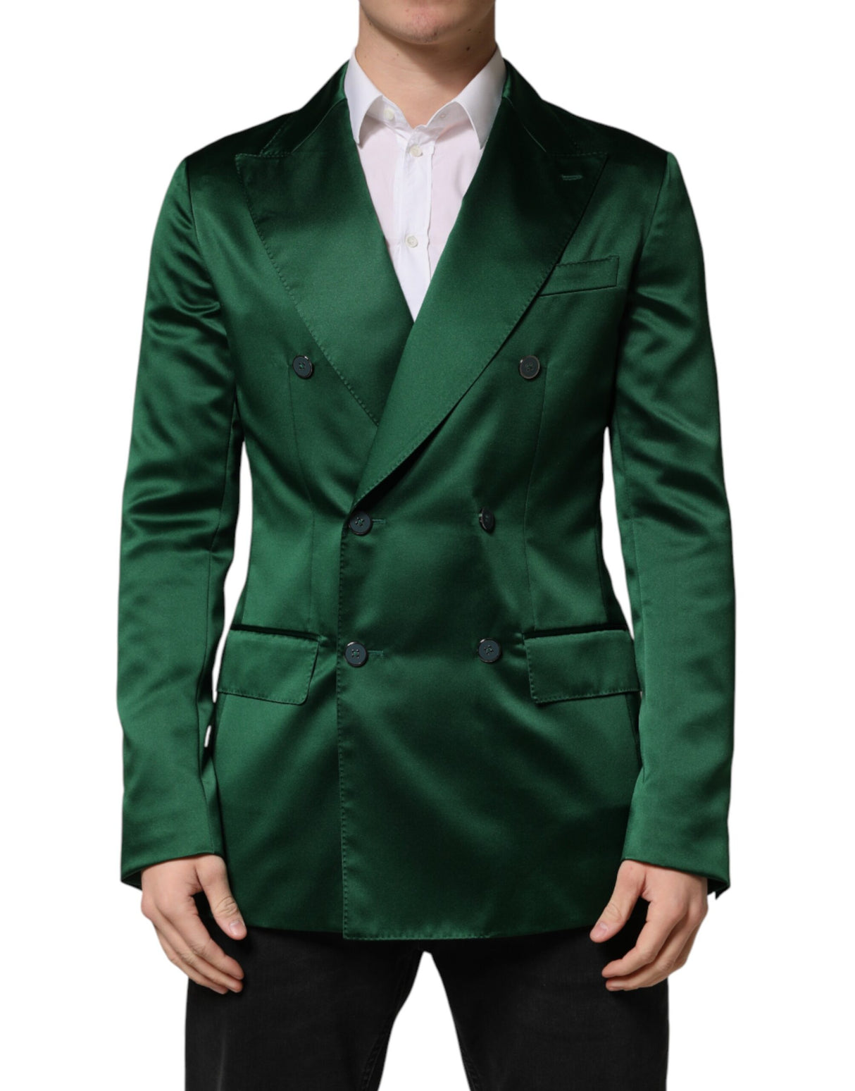 Dolce & Gabbana Green Satin Double Breasted Jacket Blazer