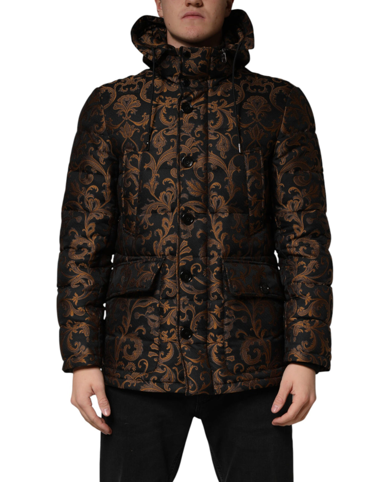 Dolce & Gabbana Black Floral Jacquard Quilted Hooded Jacket