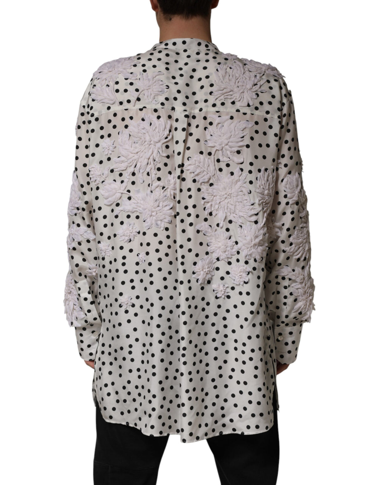 Dolce & Gabbana White Polka Dot Floral Embroidery Men Shirt