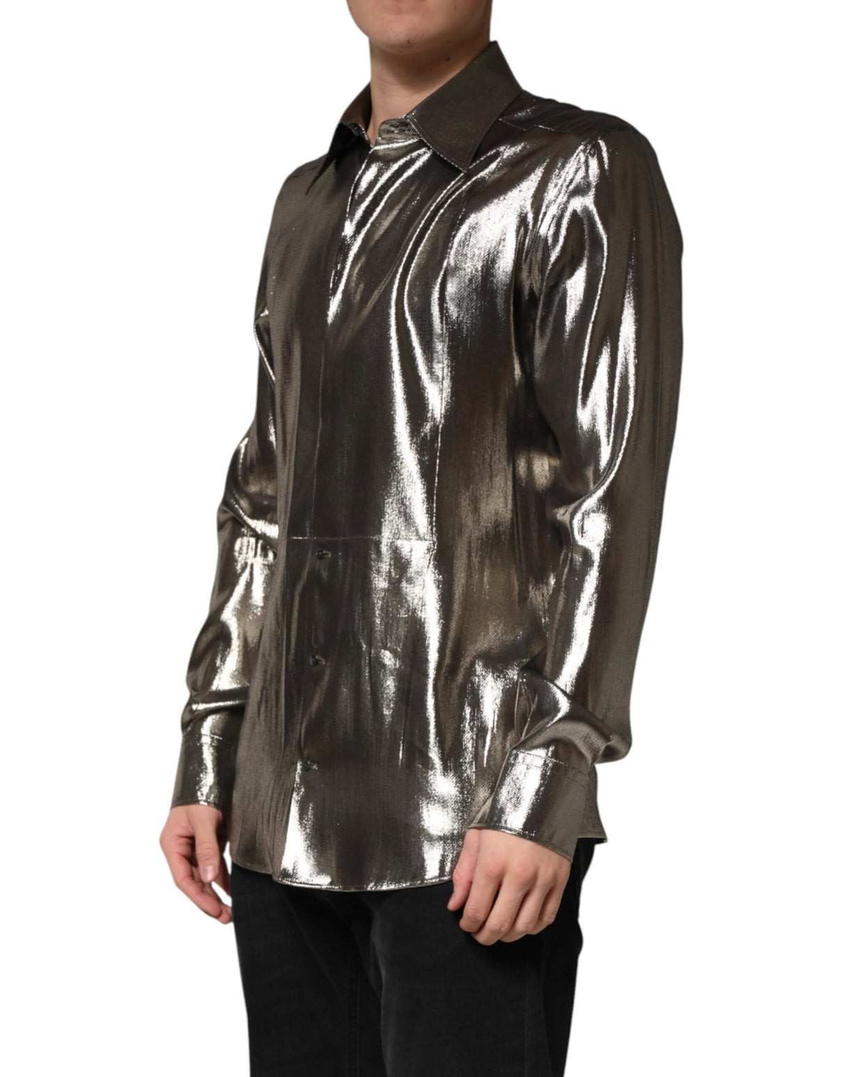 Dolce & Gabbana Silver Silk GOLD Collared Dress Formal Shirt