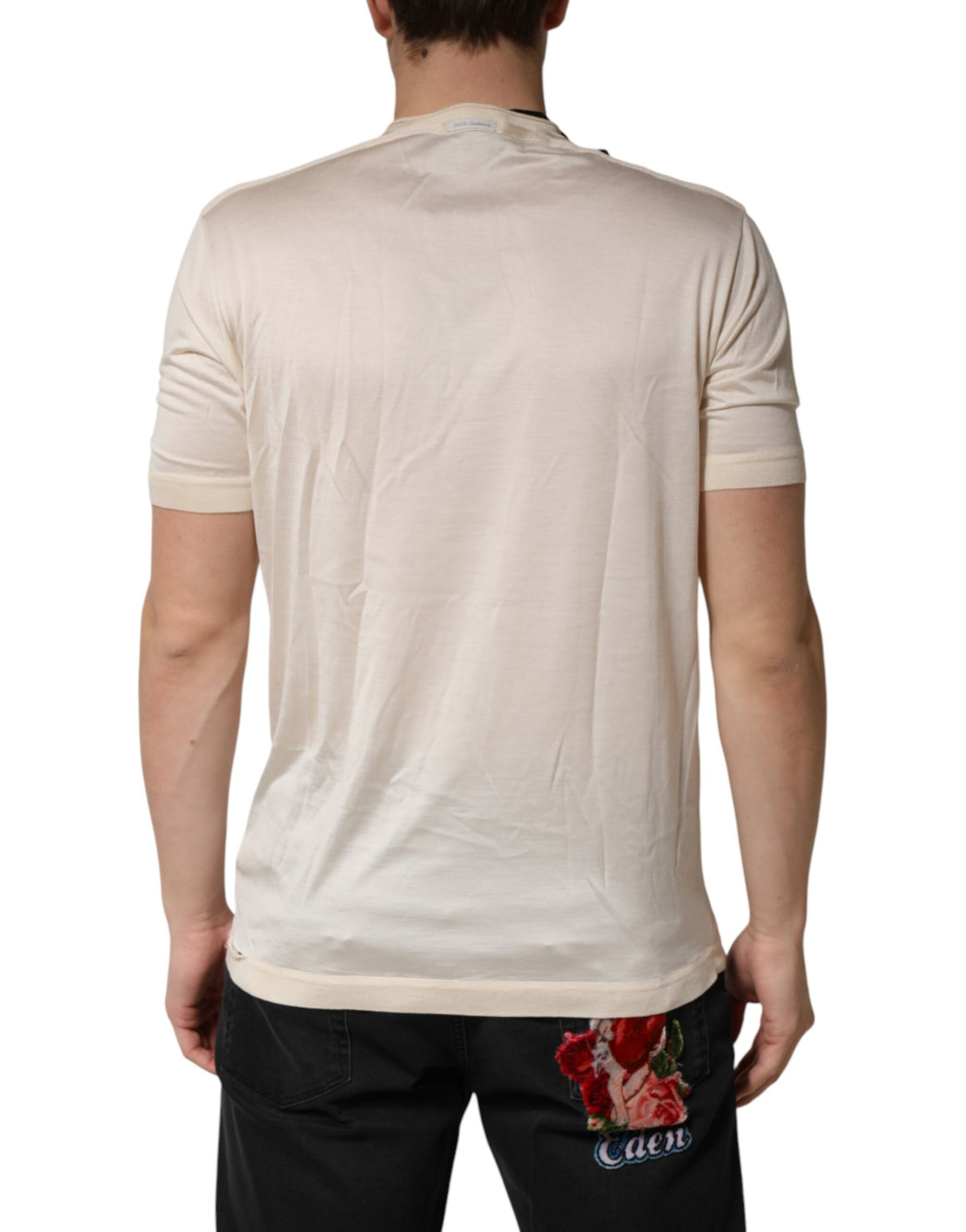 Dolce & Gabbana Off White Silk Logo Patch Men Henley T-shirt