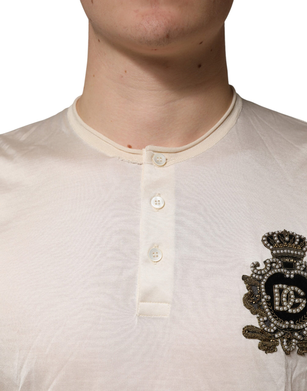 Dolce & Gabbana Off White Silk Logo Patch Men Henley T-shirt