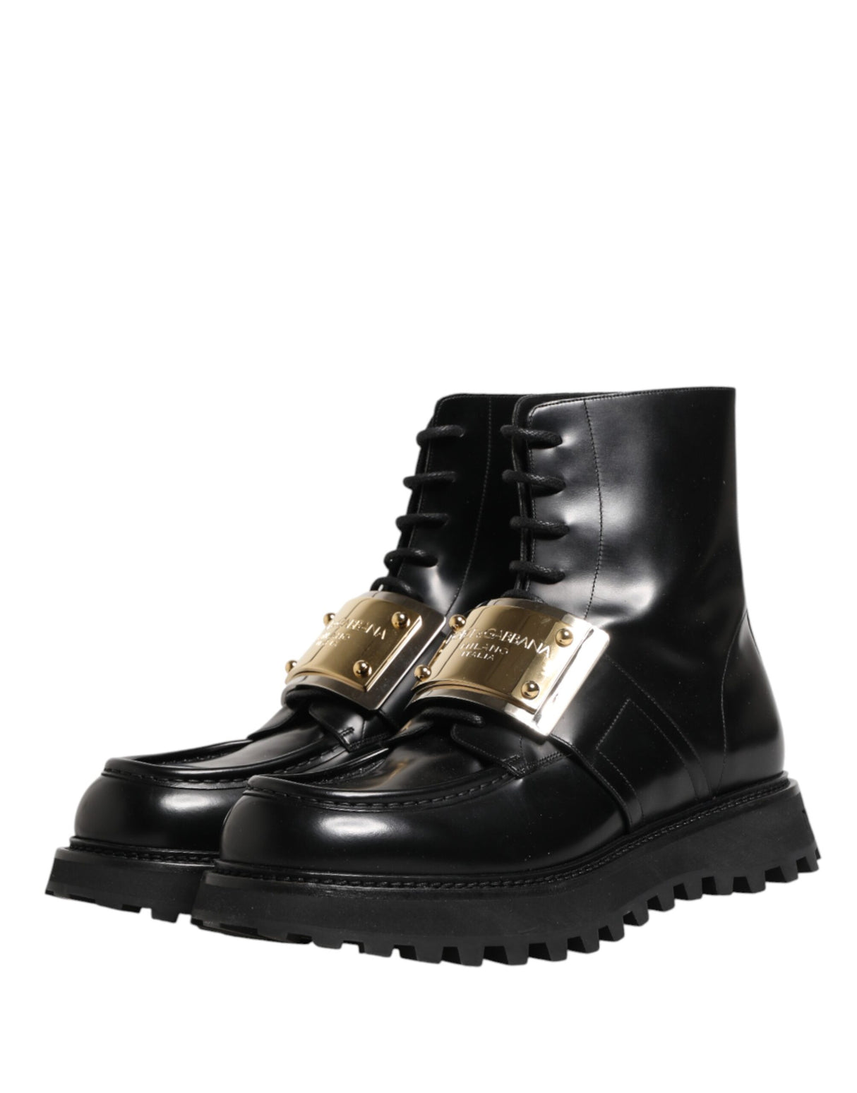 Dolce & Gabbana Black Leather DG Plaque Lace Up Boots Shoes