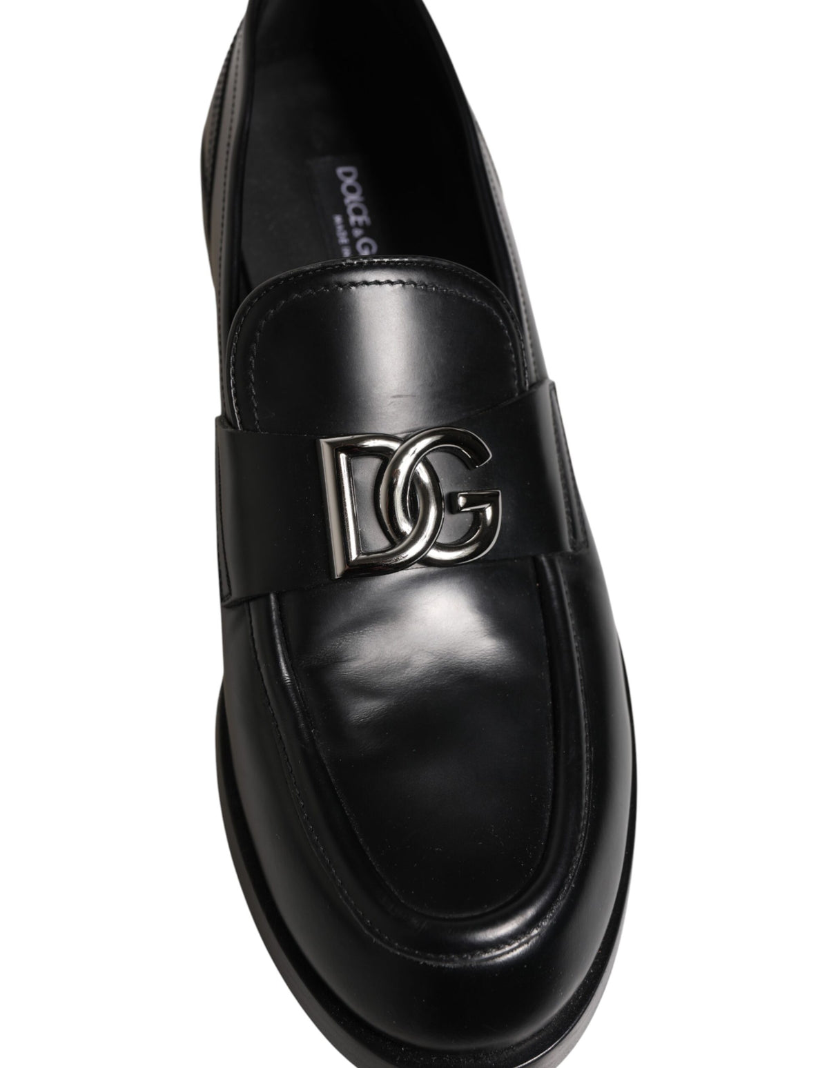 Dolce & Gabbana Black Leather DG Plaque Loafers Dress Shoes