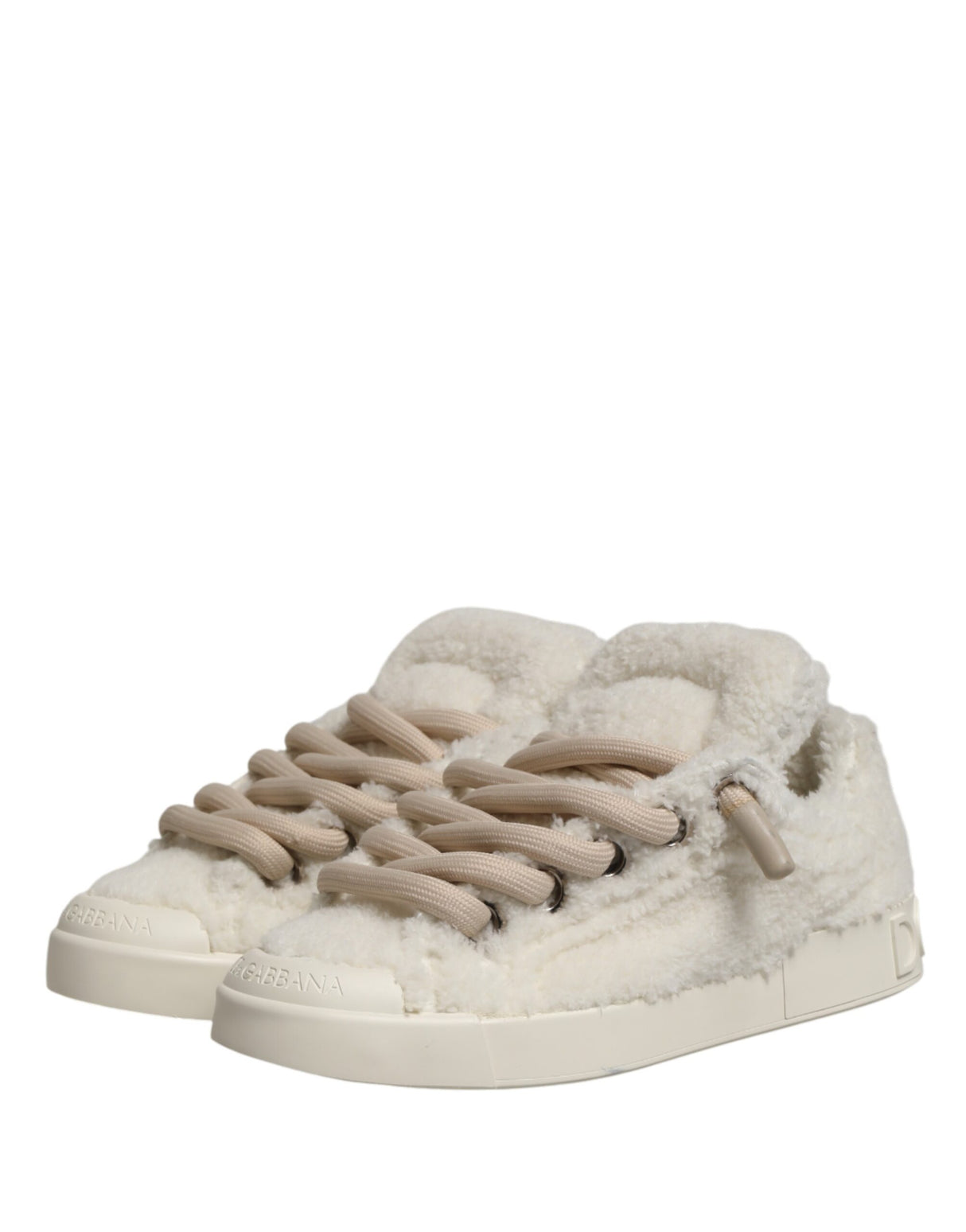 Dolce & Gabbana White Faux Shearling Low Top Sneakers Shoes