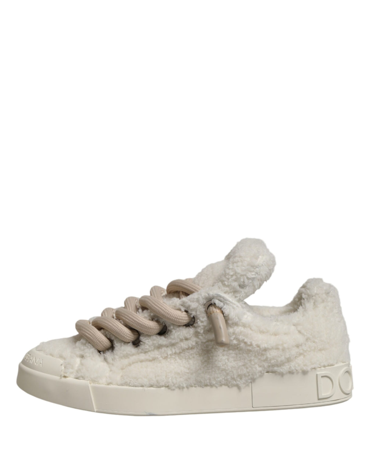 Dolce & Gabbana White Faux Shearling Low Top Sneakers Shoes