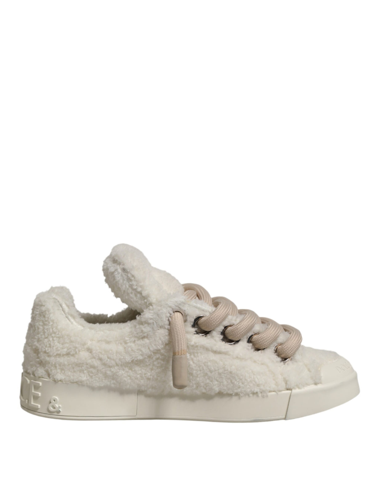 Dolce & Gabbana White Faux Shearling Low Top Sneakers Shoes
