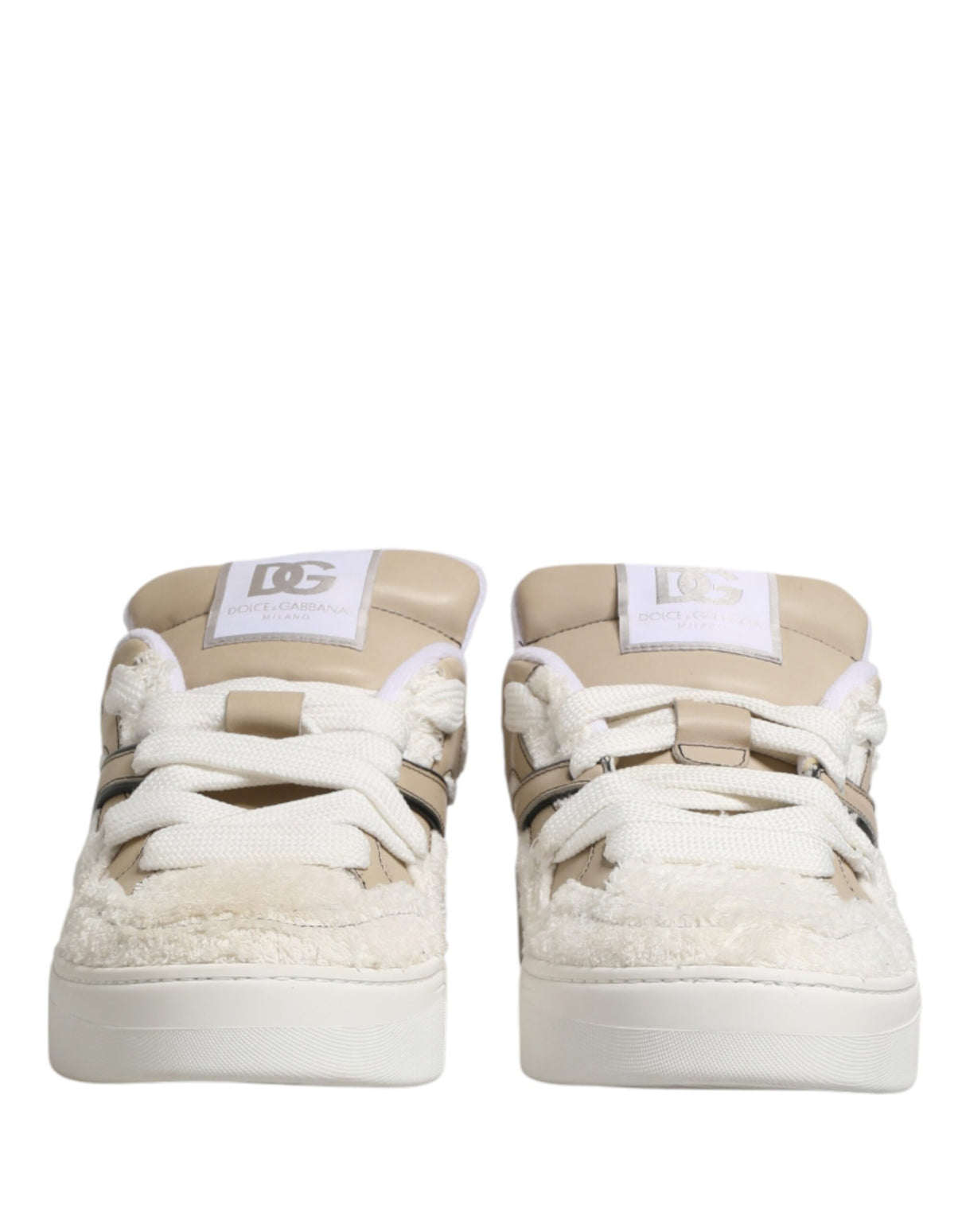 Dolce & Gabbana White Beige Faux Shearling Low Top Sneakers Shoes