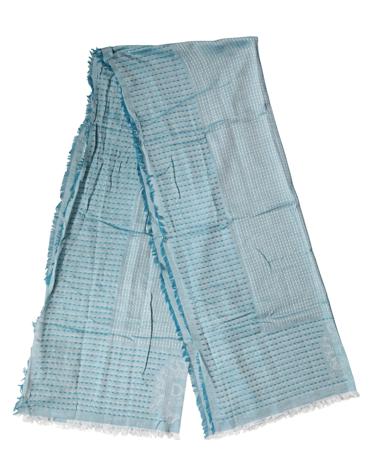 Dolce & Gabbana Light Blue Silk Blend Fringed Logo 185cm x 73.5cm Scarf