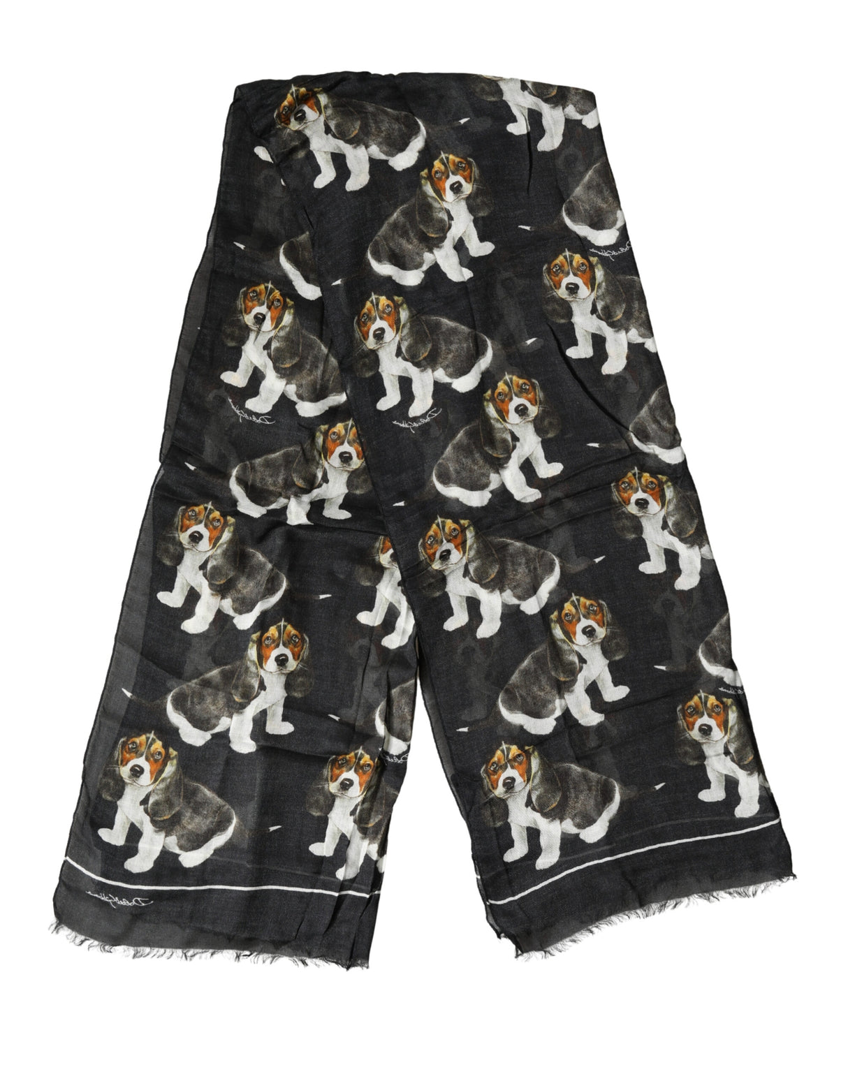 Dolce & Gabbana Black Modal Wool Dog Print Fringed 178cm x 64cm Scarf