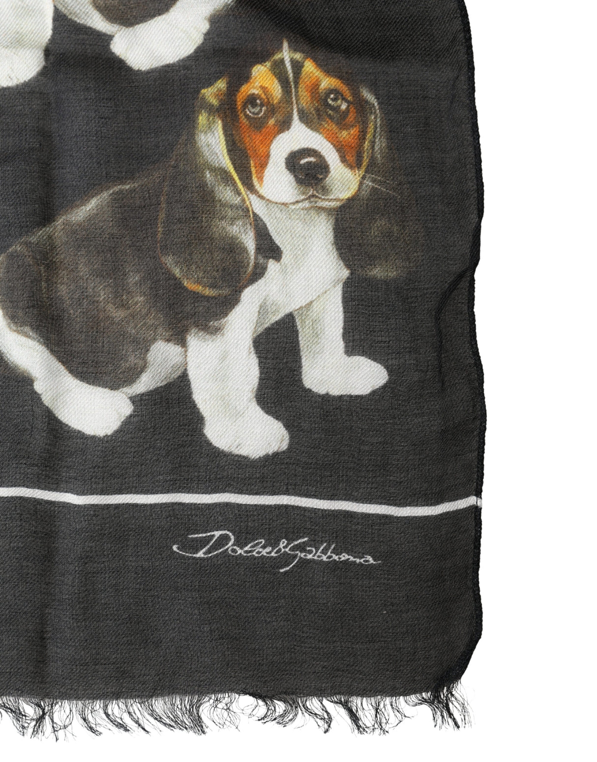 Dolce & Gabbana Black Modal Wool Dog Print Fringed 178cm x 64cm Scarf