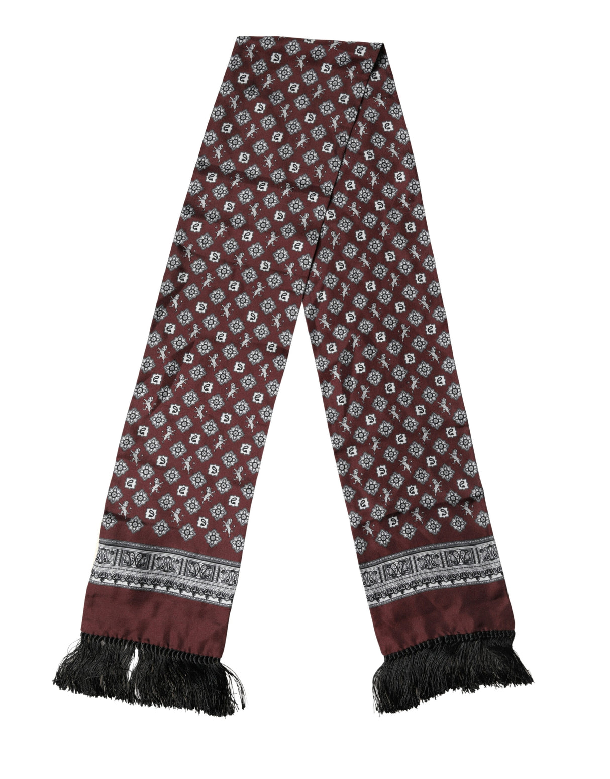 Dolce & Gabbana Bordeaux Silk Fringe Shawl Neck Wrap 142cm X 15.5cm Scarf