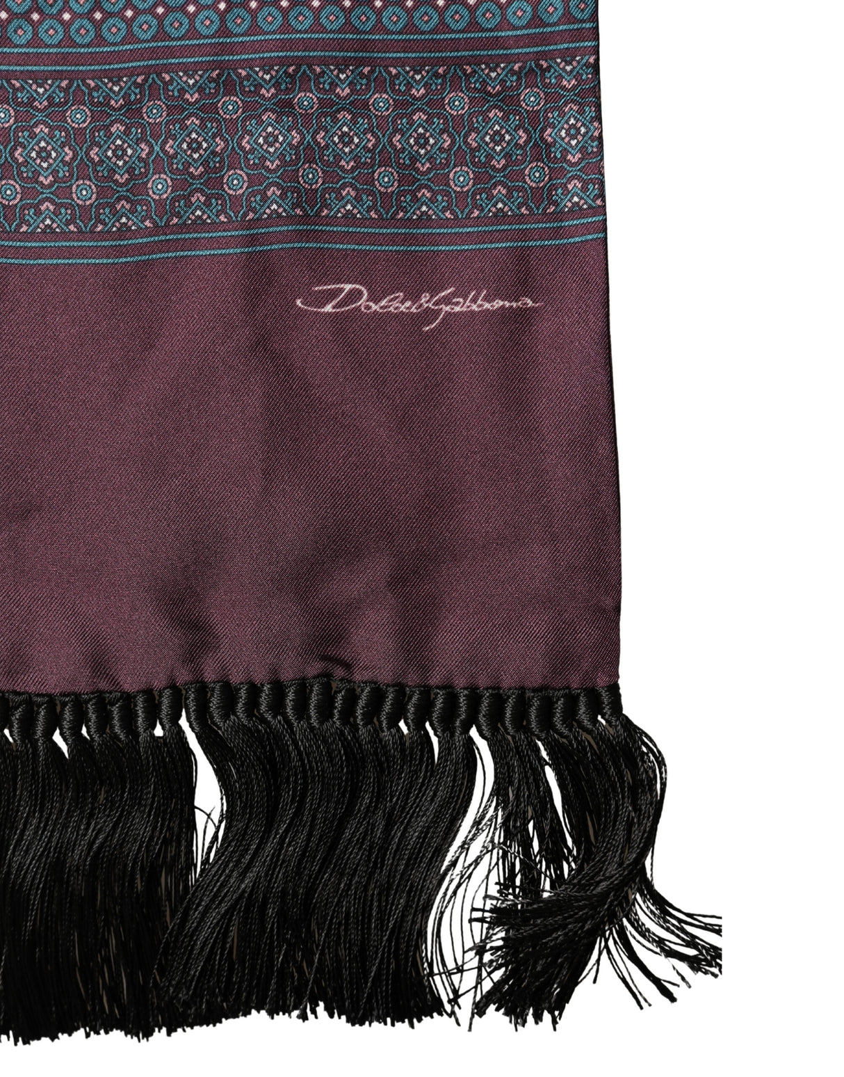 Dolce & Gabbana Bordeaux Silk Fringe Geometric Neck Wrap 142cm X 15cm Scarf