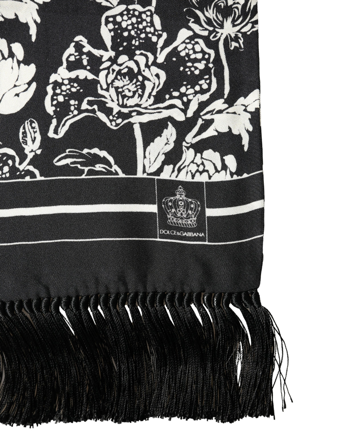 Dolce & Gabbana Black White Silk Floral Print Fringe 136cm X 15.5cm Scarf
