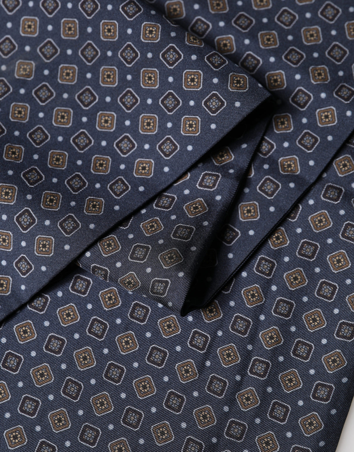 Dolce & Gabbana Navy Silk Geometric Fringe Foulard 137cm x 18cm Scarf