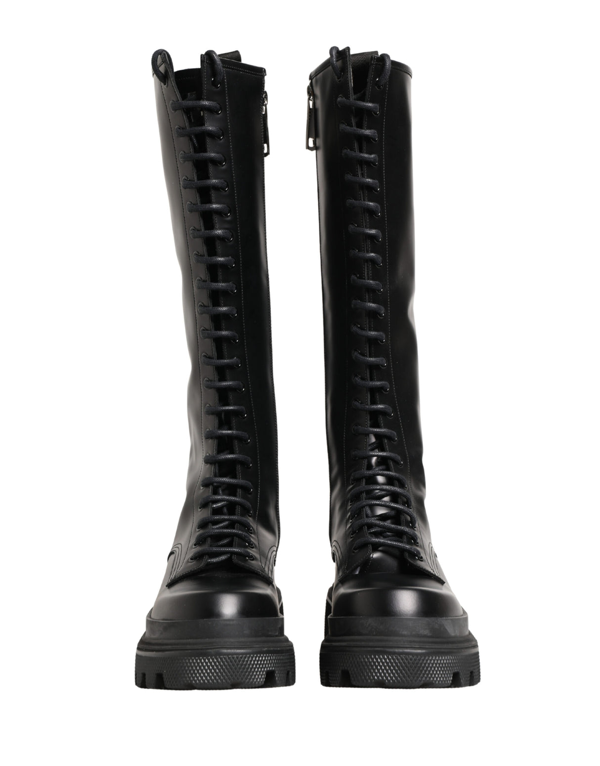 Dolce & Gabbana Black Leather Knee High Lace Up Boots Shoes