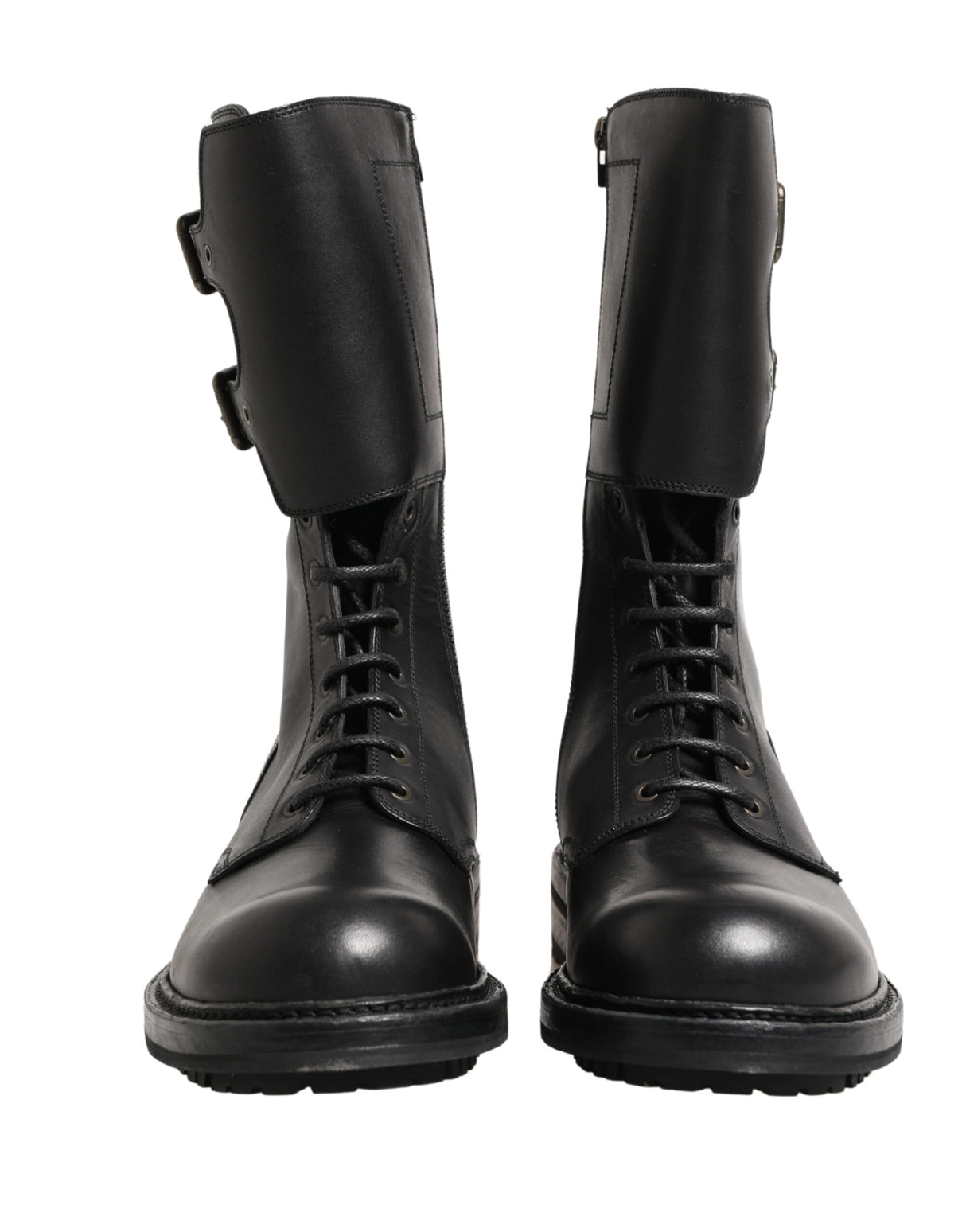 Dolce & Gabbana Black Leather Belted Buckle Combat Boots Shoes