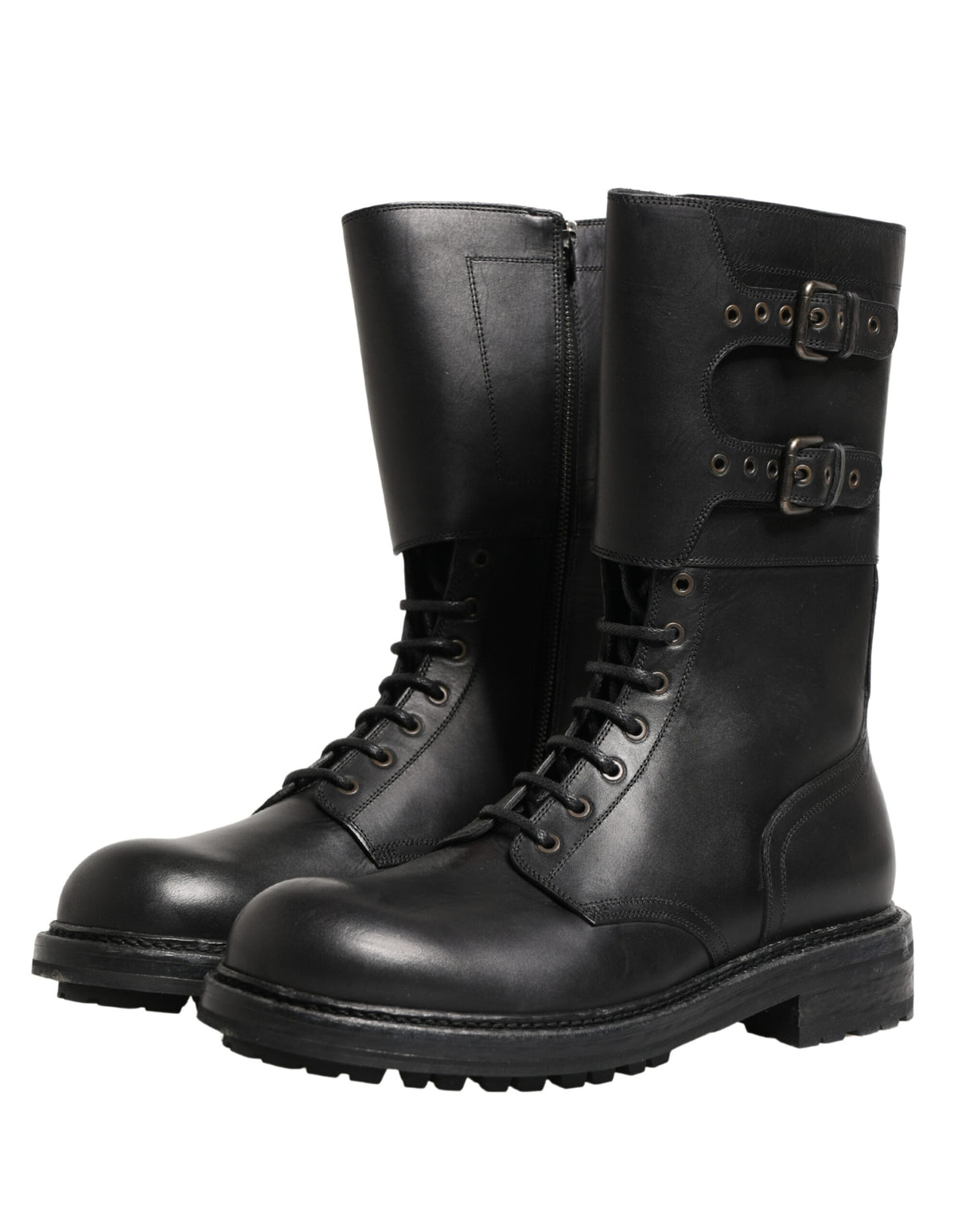 Dolce & Gabbana Black Leather Belted Buckle Combat Boots Shoes