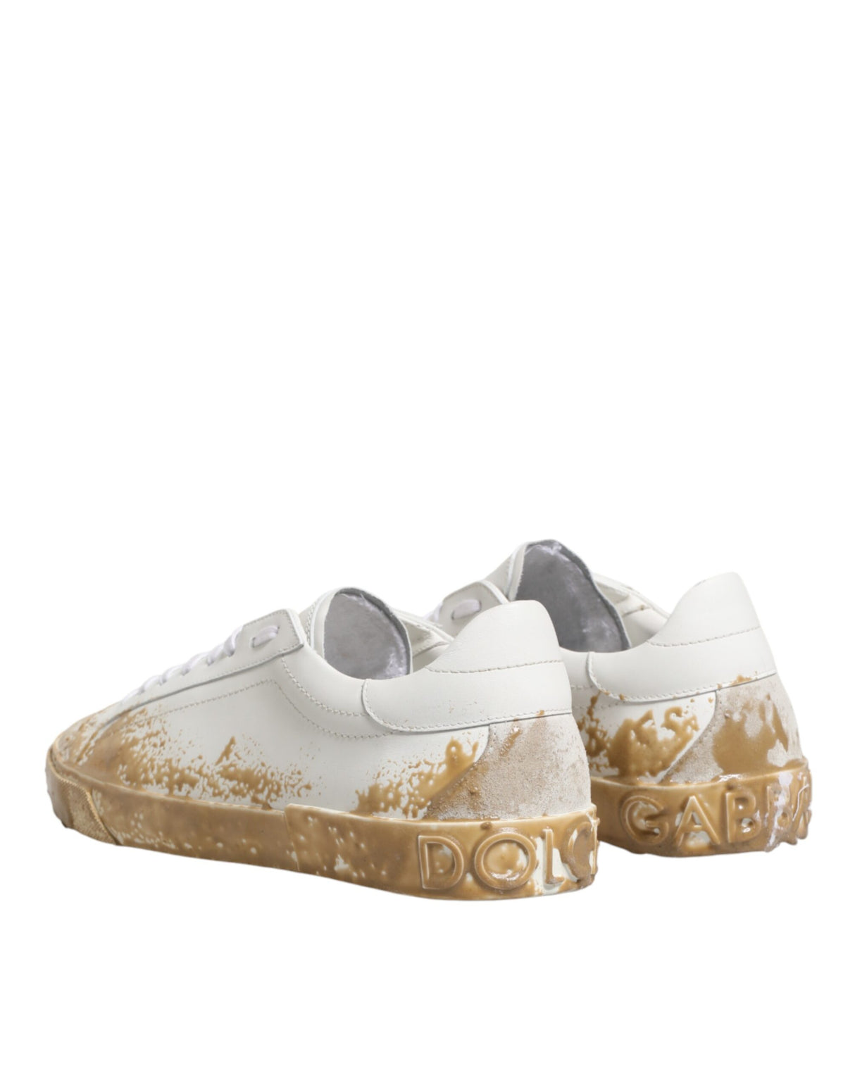 Dolce & Gabbana White Leather Paint Effect Low Top Sneakers Shoes