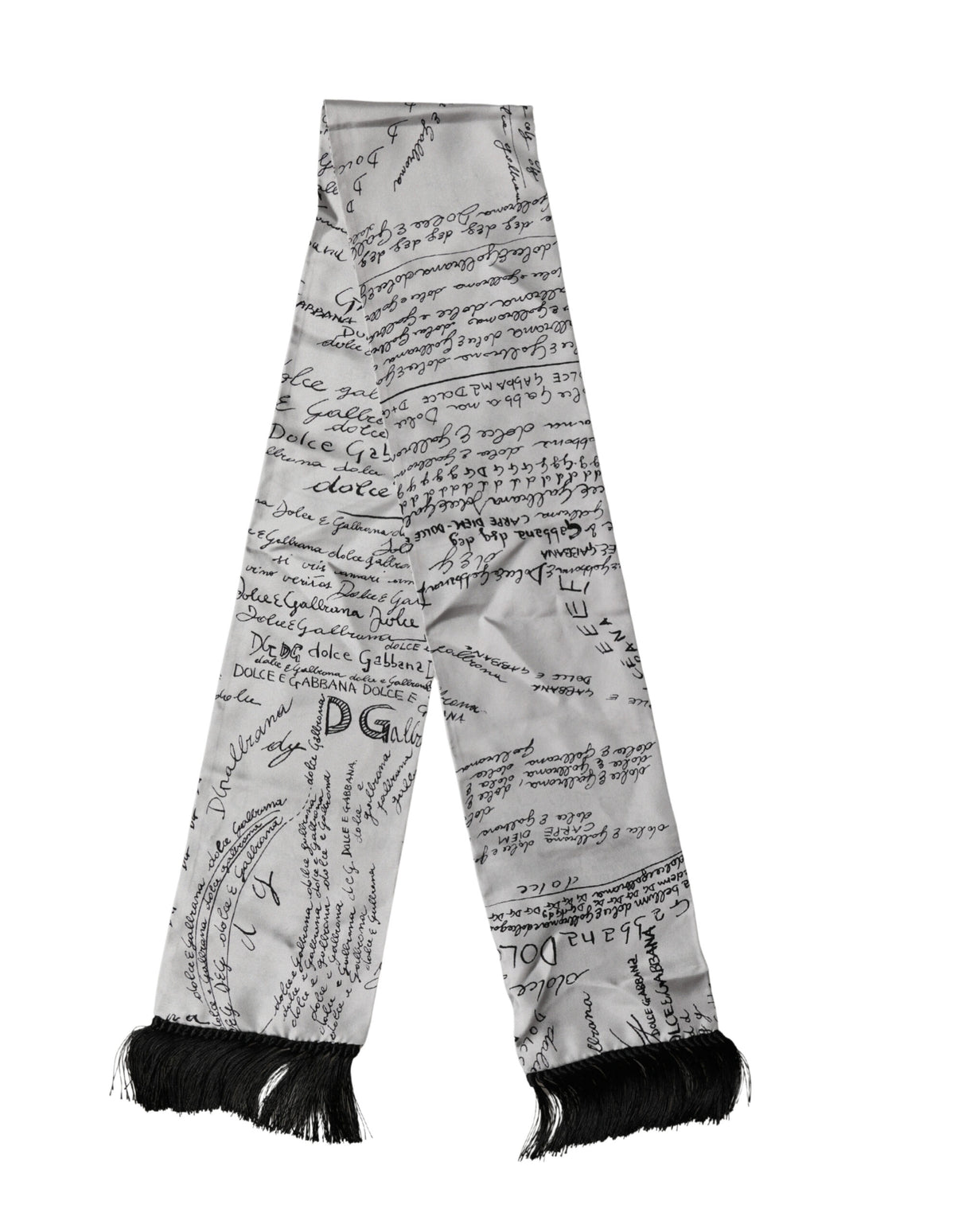Dolce & Gabbana Scarf White Silk Script Logo Print Fringe 150cm x15cm Men