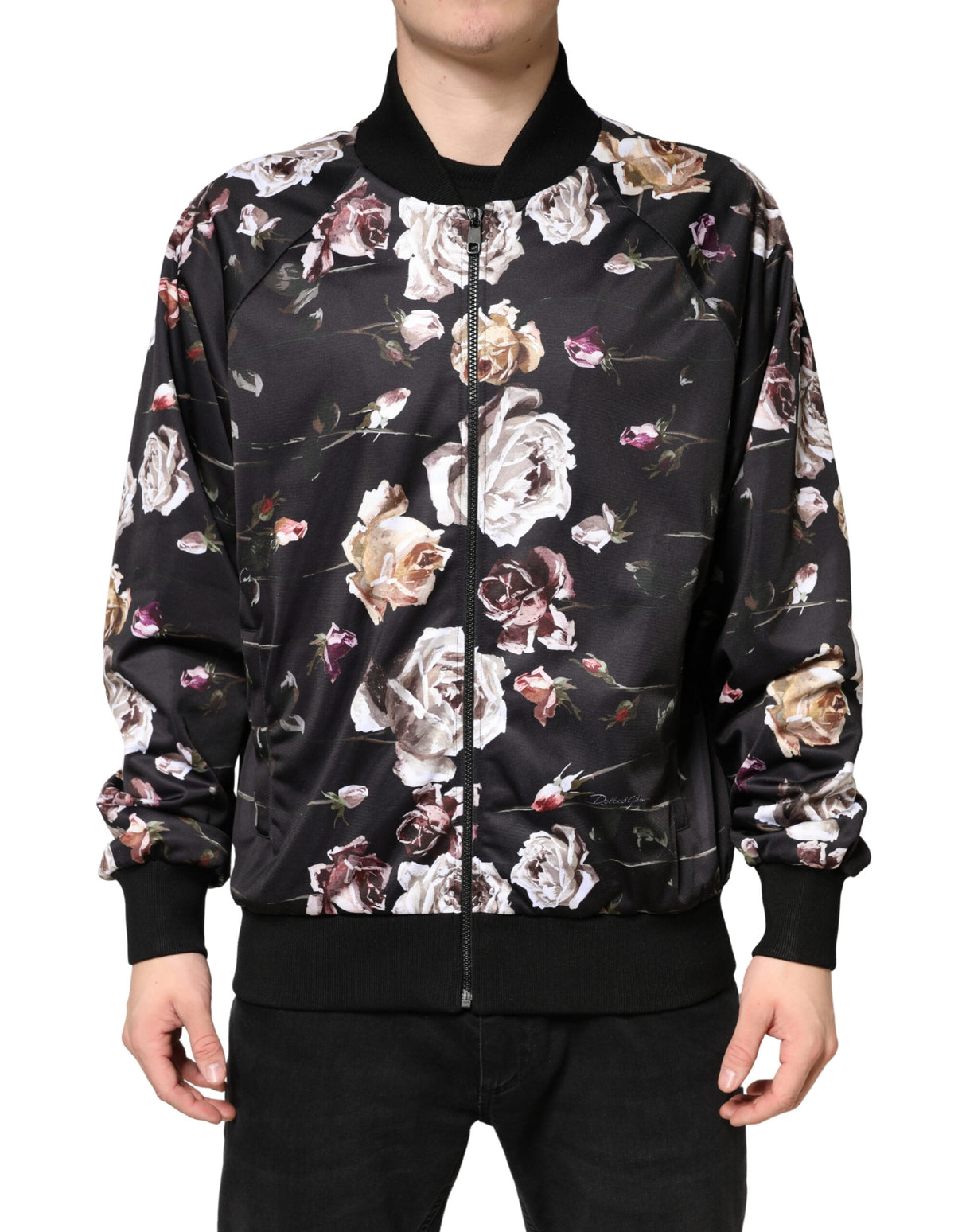 Dolce & Gabbana Black Floral Polyester Full Zip Bomber Jacket