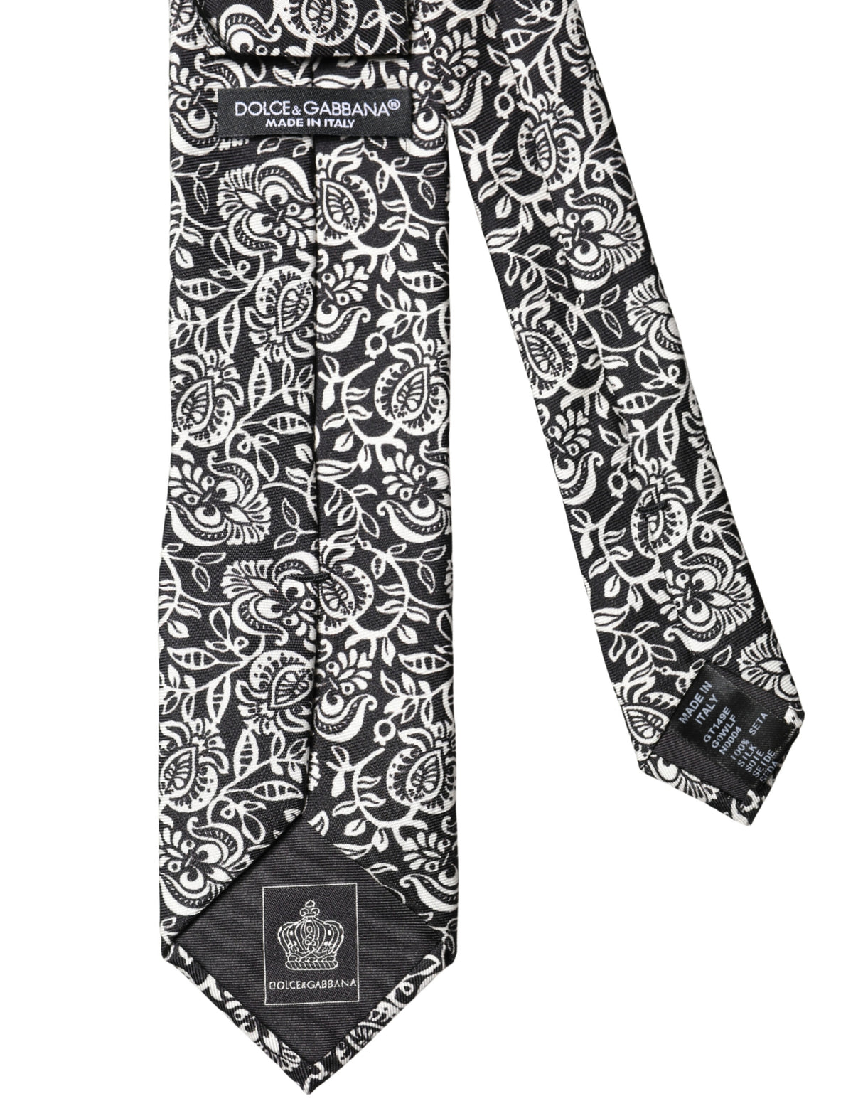 Dolce & Gabbana Black White Floral Fantasy Silk Adjustable Necktie Tie