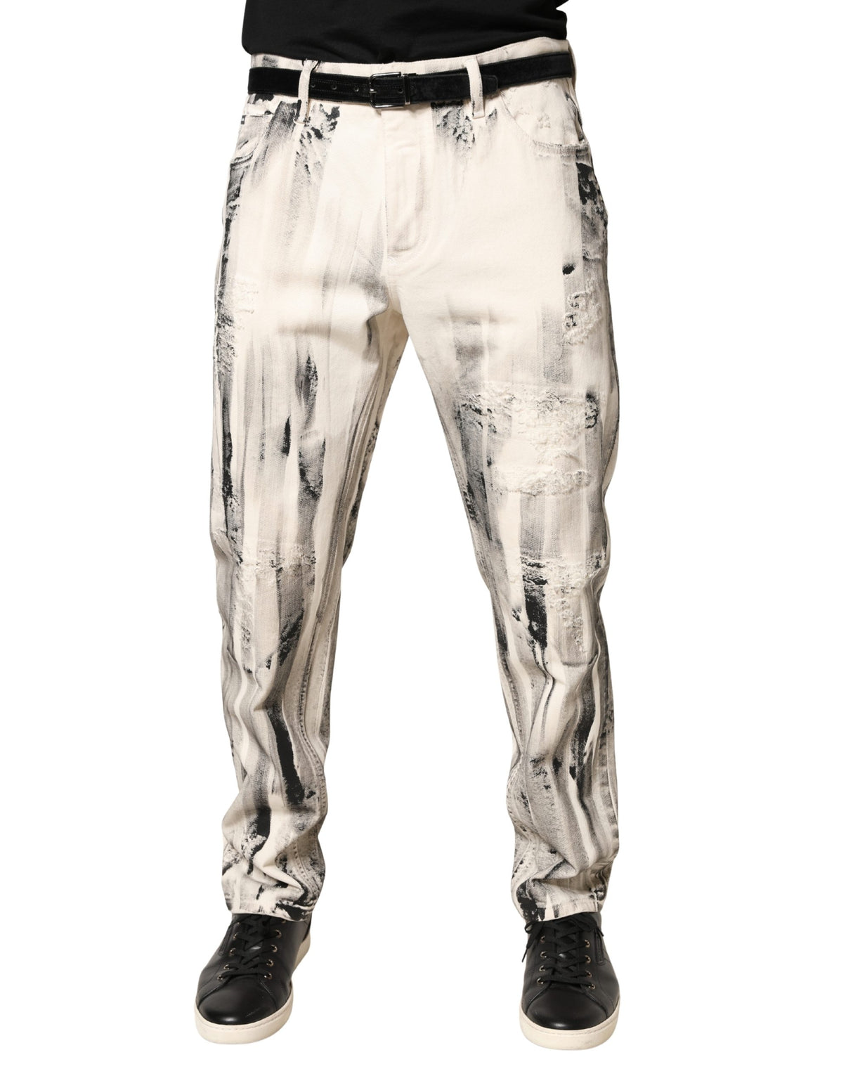 Dolce & Gabbana White Distressed Paint Print LooseDenim Jeans