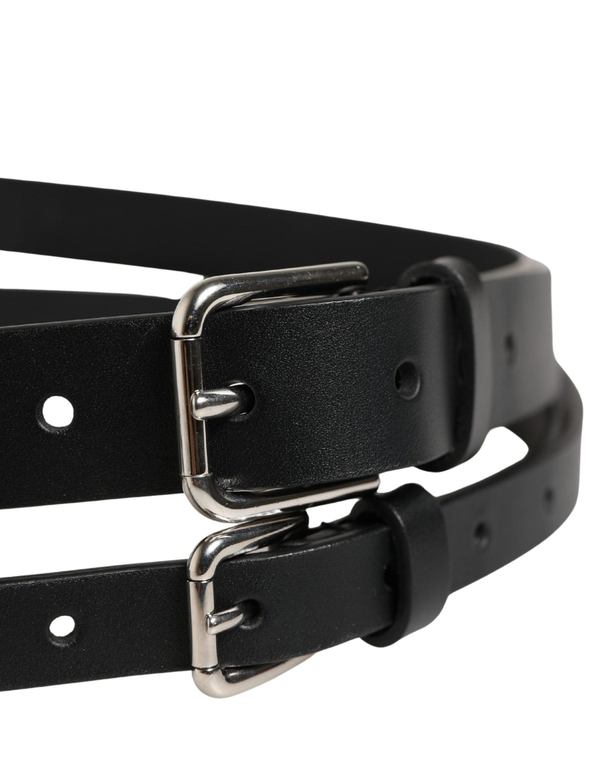 Dolce & Gabbana Black Double Strap Leather Silver Buckle Belt