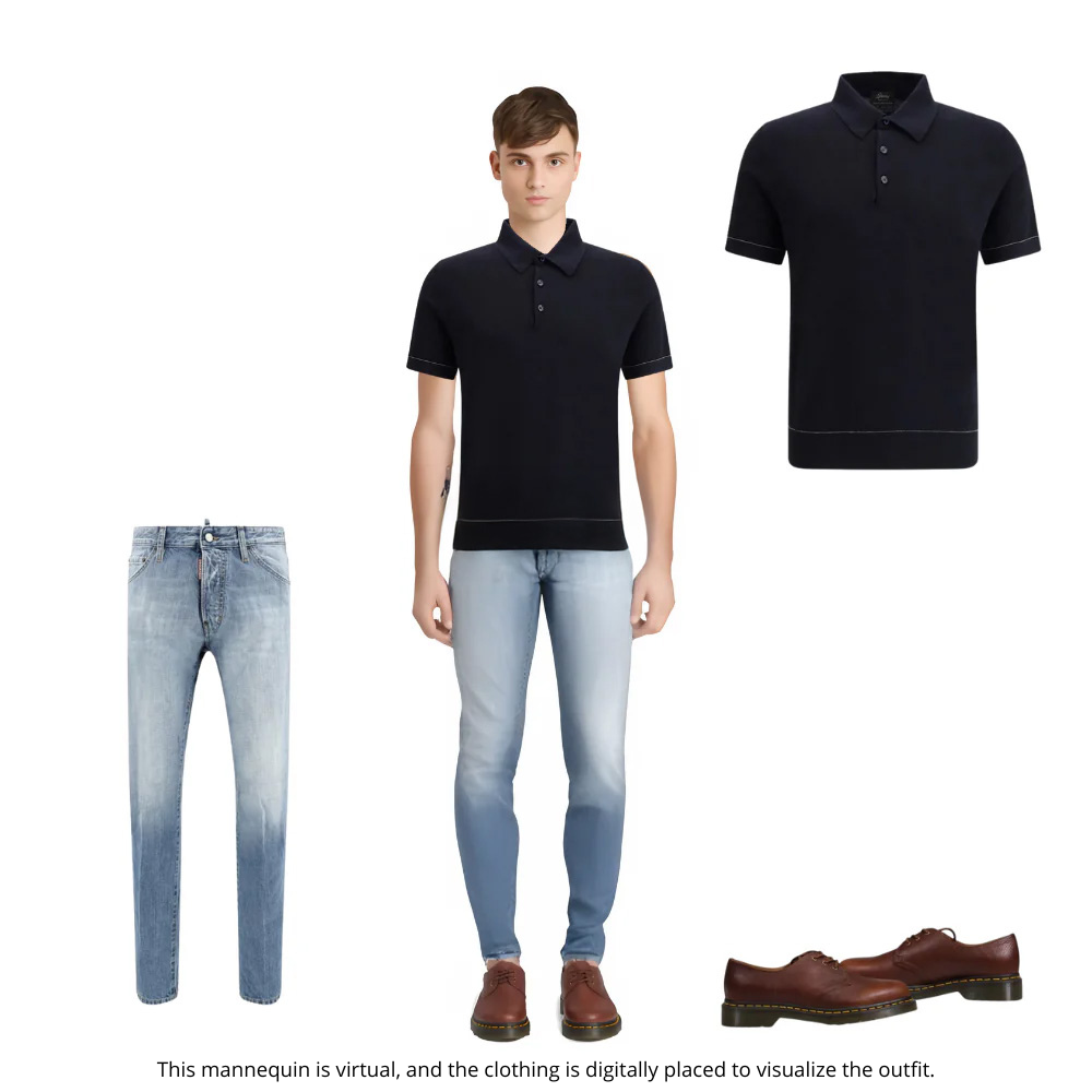 Brioni Polo Shirt & Dsquared² Cool Guy Jeans & Dr. Martens Brown Leather Casual