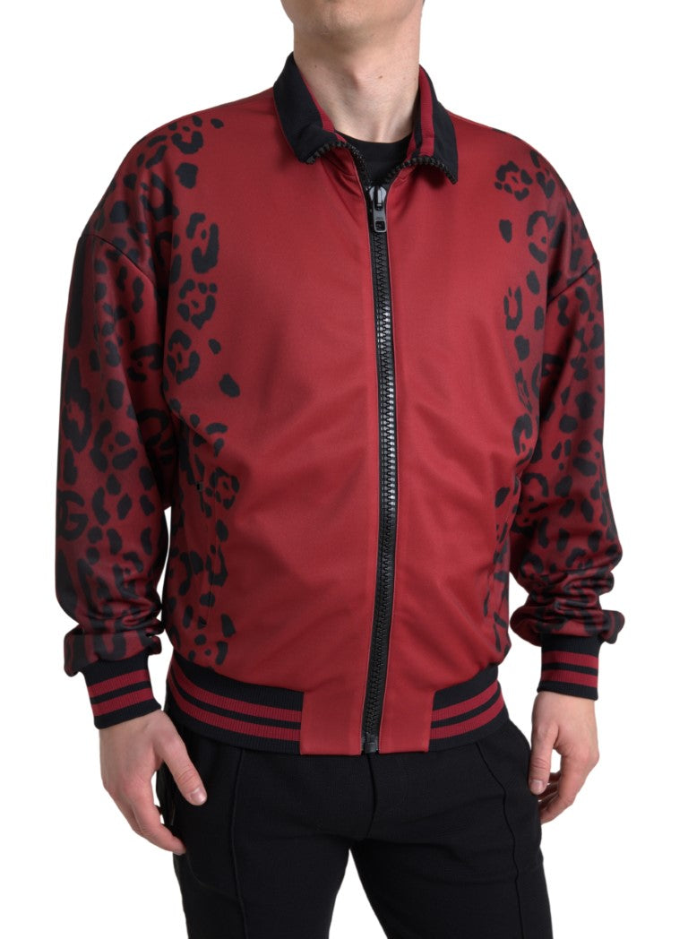 Dolce & Gabbana Red Leopard Polyester Bomber Full Zip Jacket