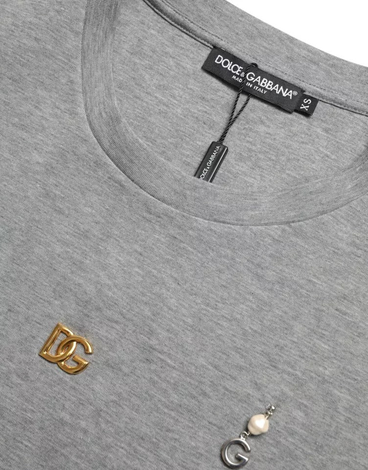 Dolce & Gabbana Gray Cotton Embellished Crew Neck T-shirt