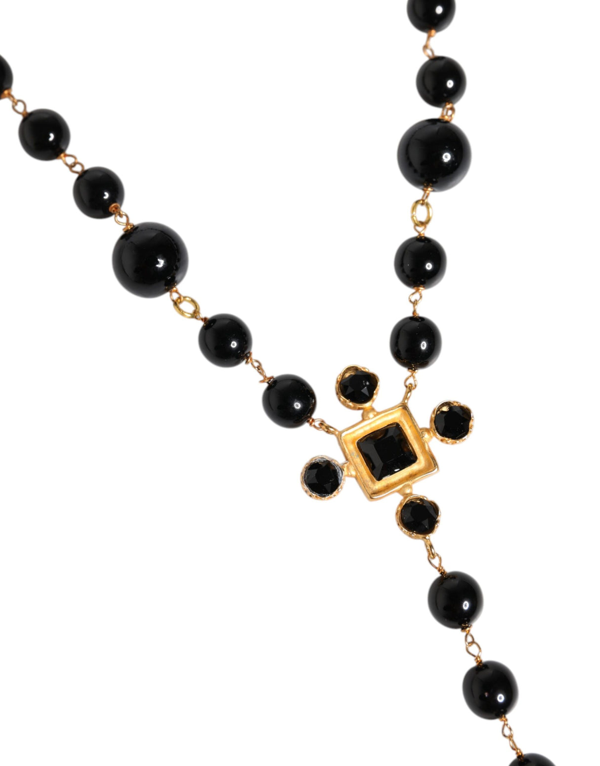 Dolce & Gabbana Gold Tone Brass Cross Black Beaded Chain Rosary Necklace
