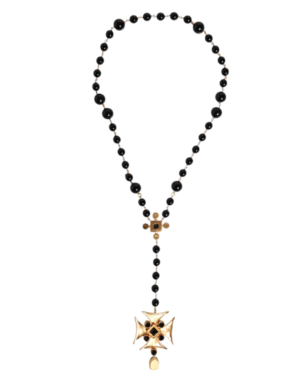 Dolce & Gabbana Gold Tone Brass Cross Black Beaded Chain Rosary Necklace
