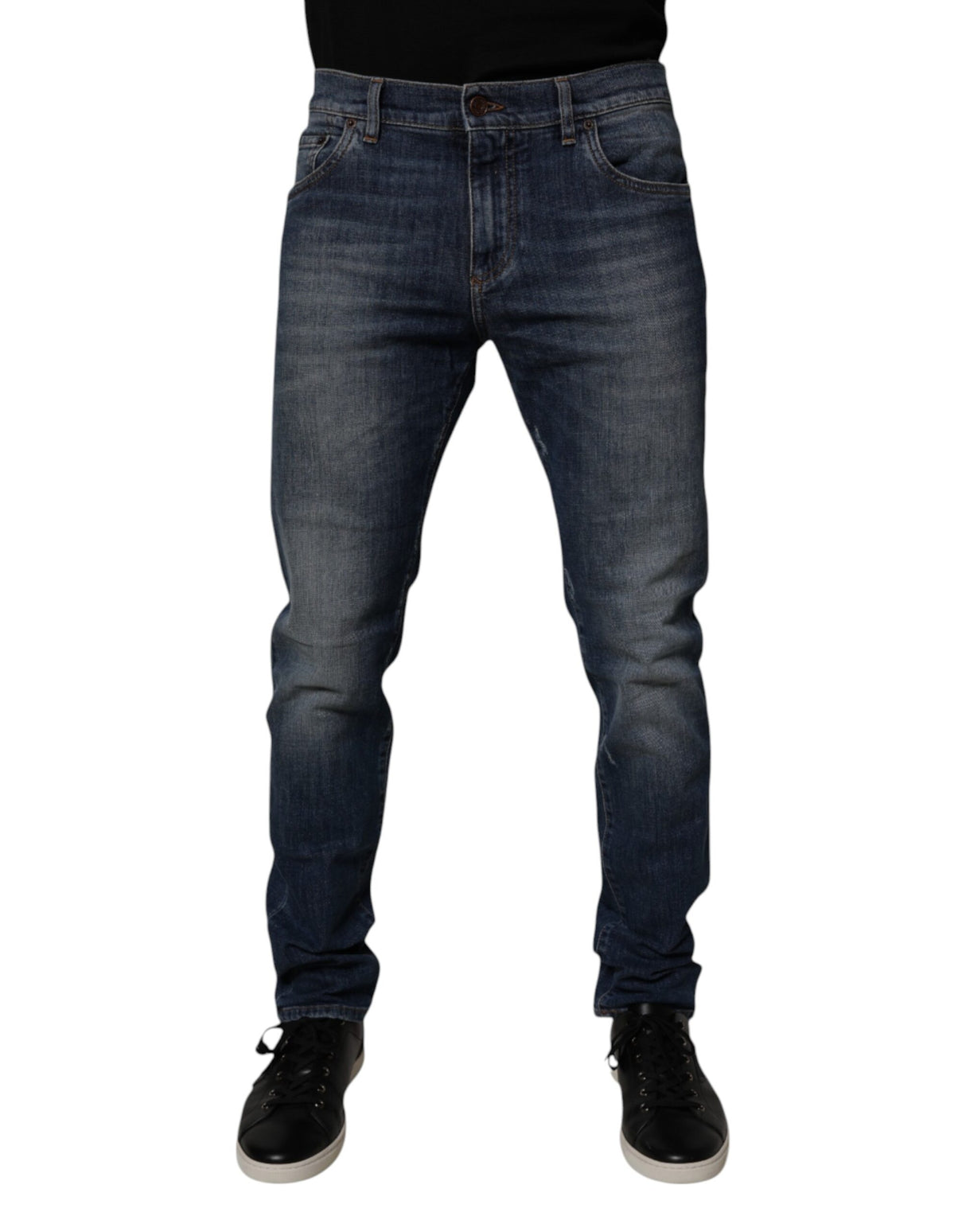 Dolce & Gabbana Dark Blue Cotton Leather Skinny Denim Jeans