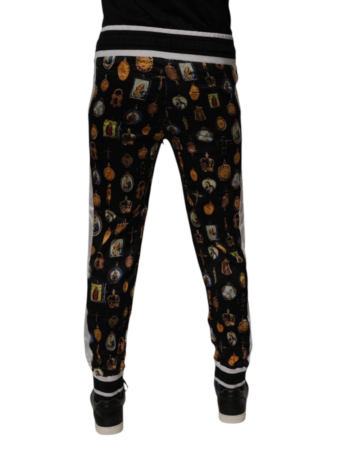 Dolce & Gabbana Black Religious Print Silk Men Jogger Pants