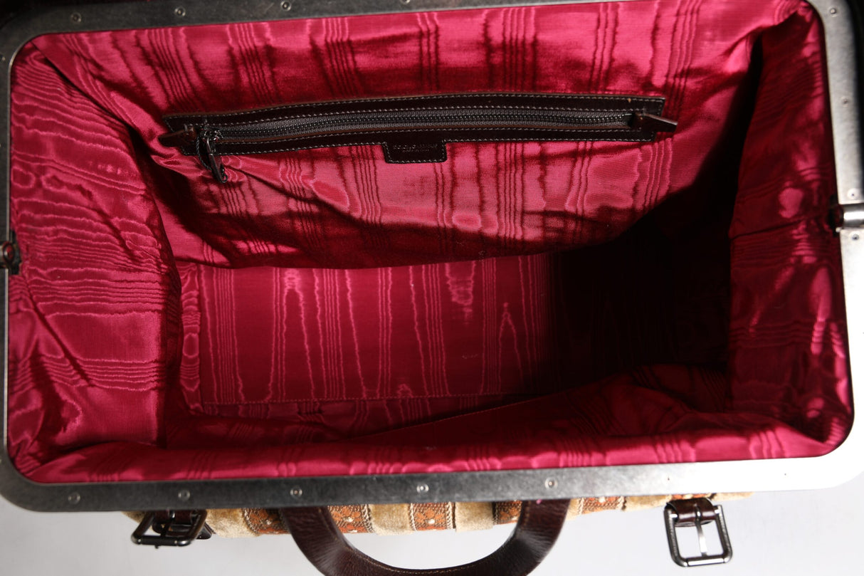Dolce & Gabbana Beige Maroon Velvet Leather Jacquard Travel Handbag Bag