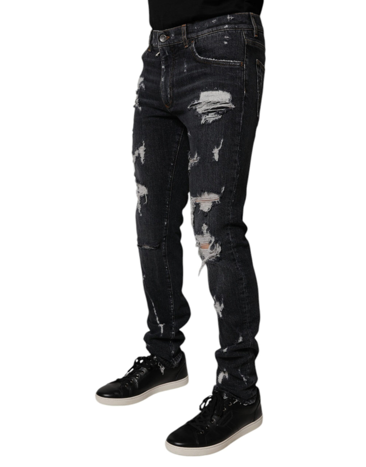 Dolce & Gabbana Black Tattered Cotton Skinny Men Denim Jeans