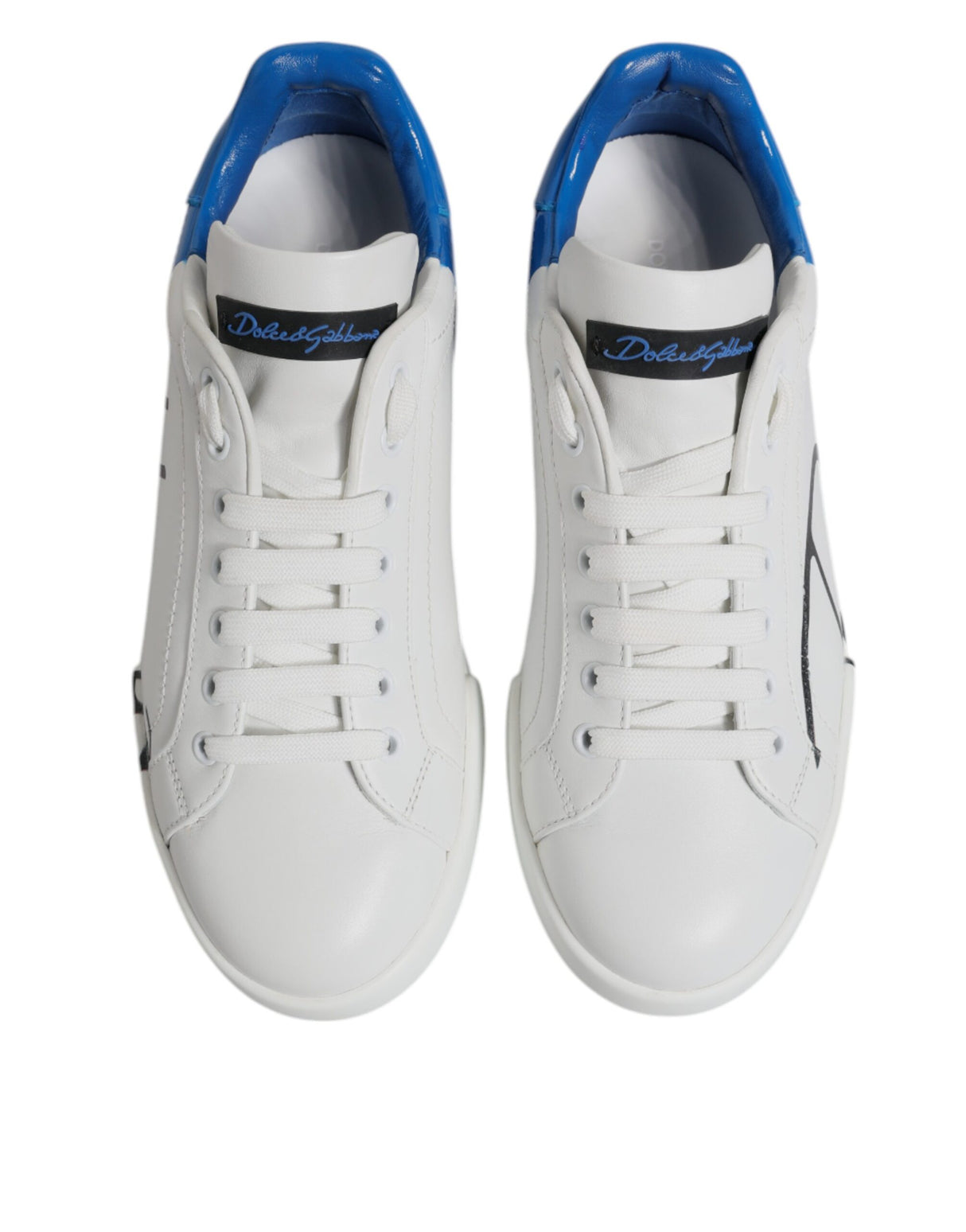Dolce & Gabbana White Blue Leather Logo Low Top Sneakers Shoes
