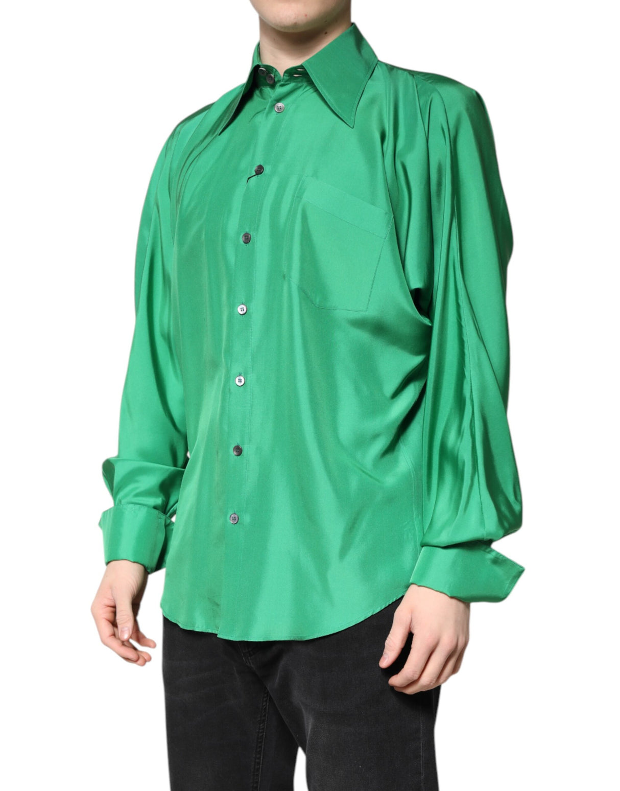 Dolce & Gabbana Green Silk Satin Long Sleeves Casual Shirt
