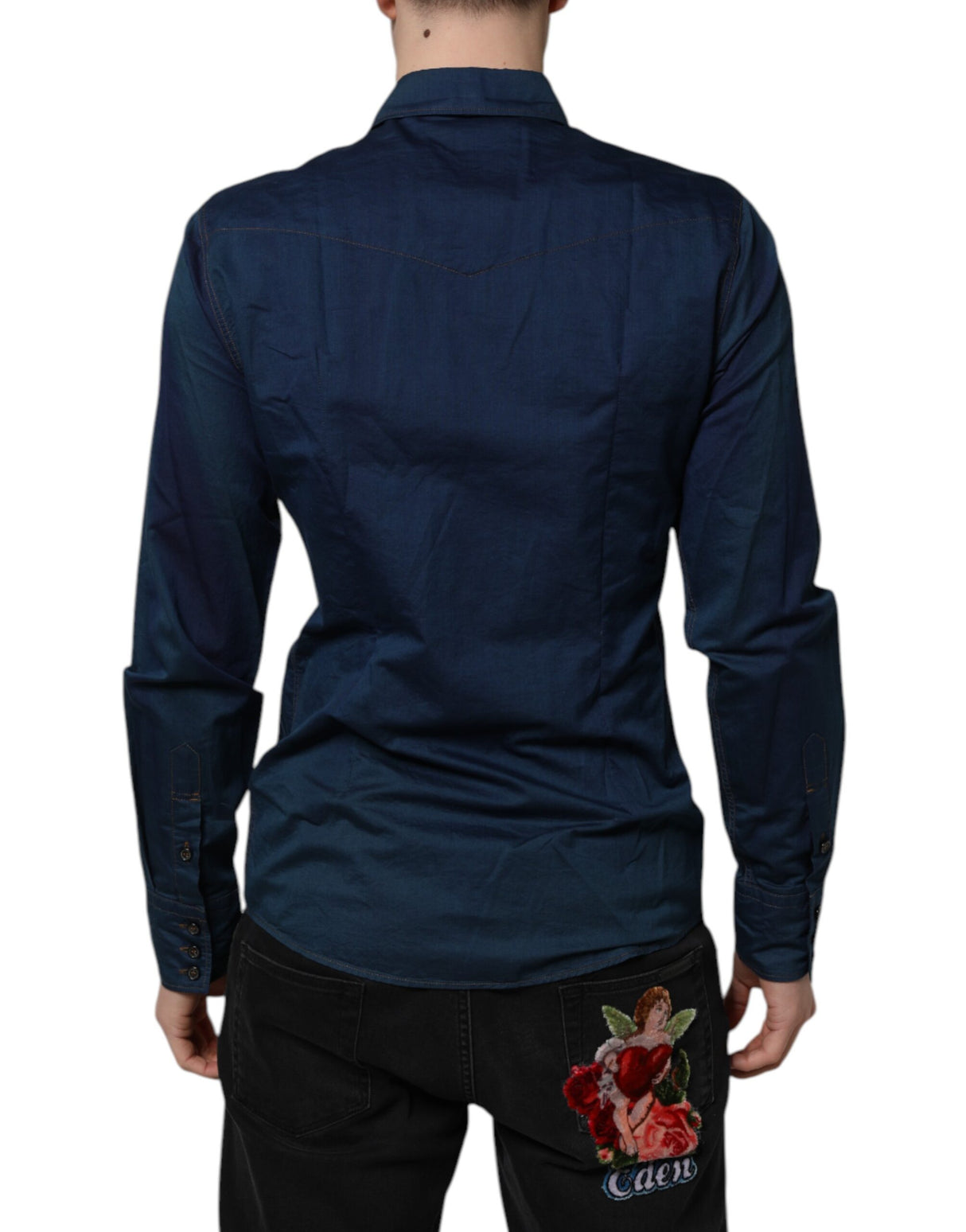 Dolce & Gabbana Blue Cotton GOLD Long Sleeves Casual Shirt