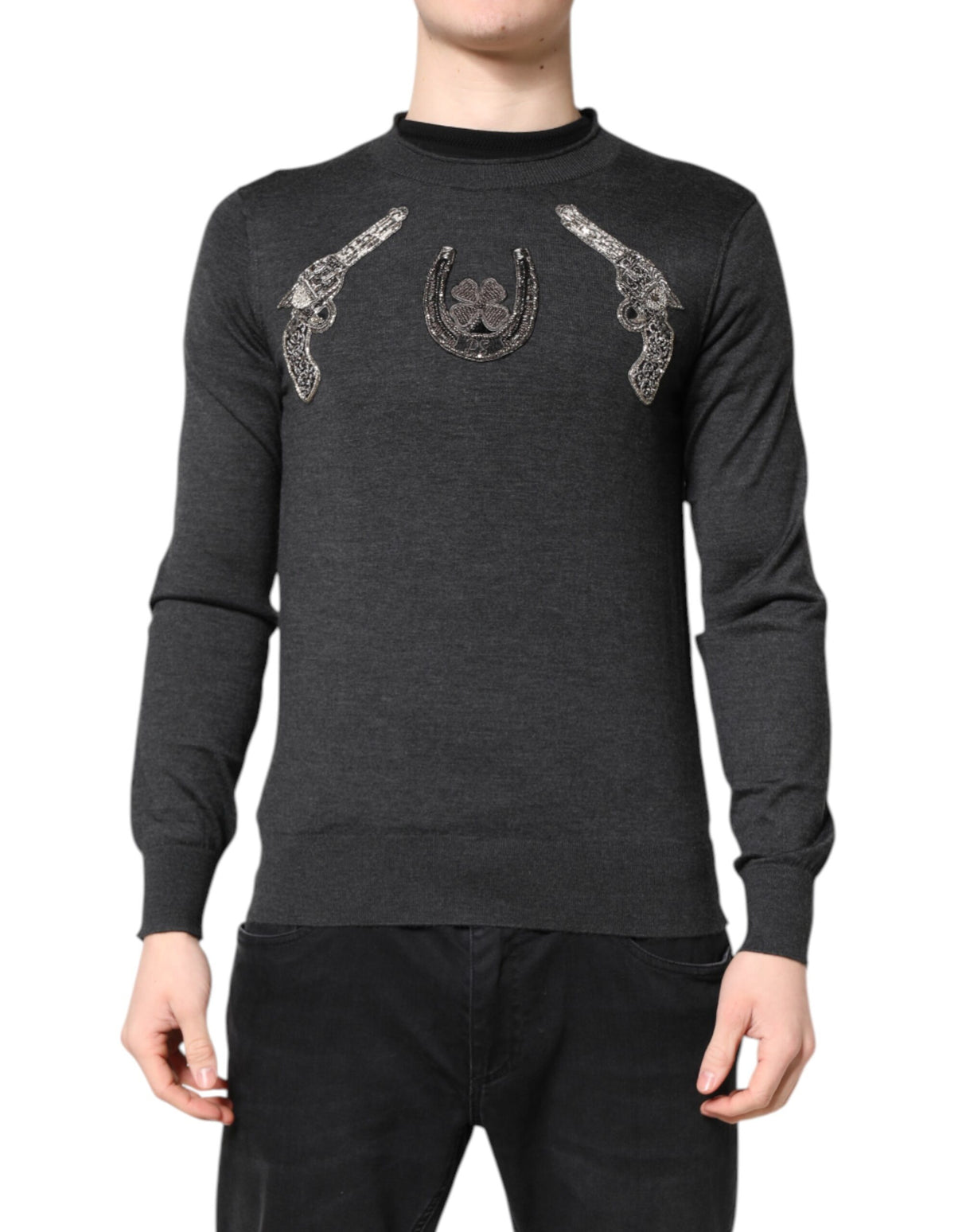 Dolce & Gabbana Gray Embroidery Knit Men Pullover Sweater