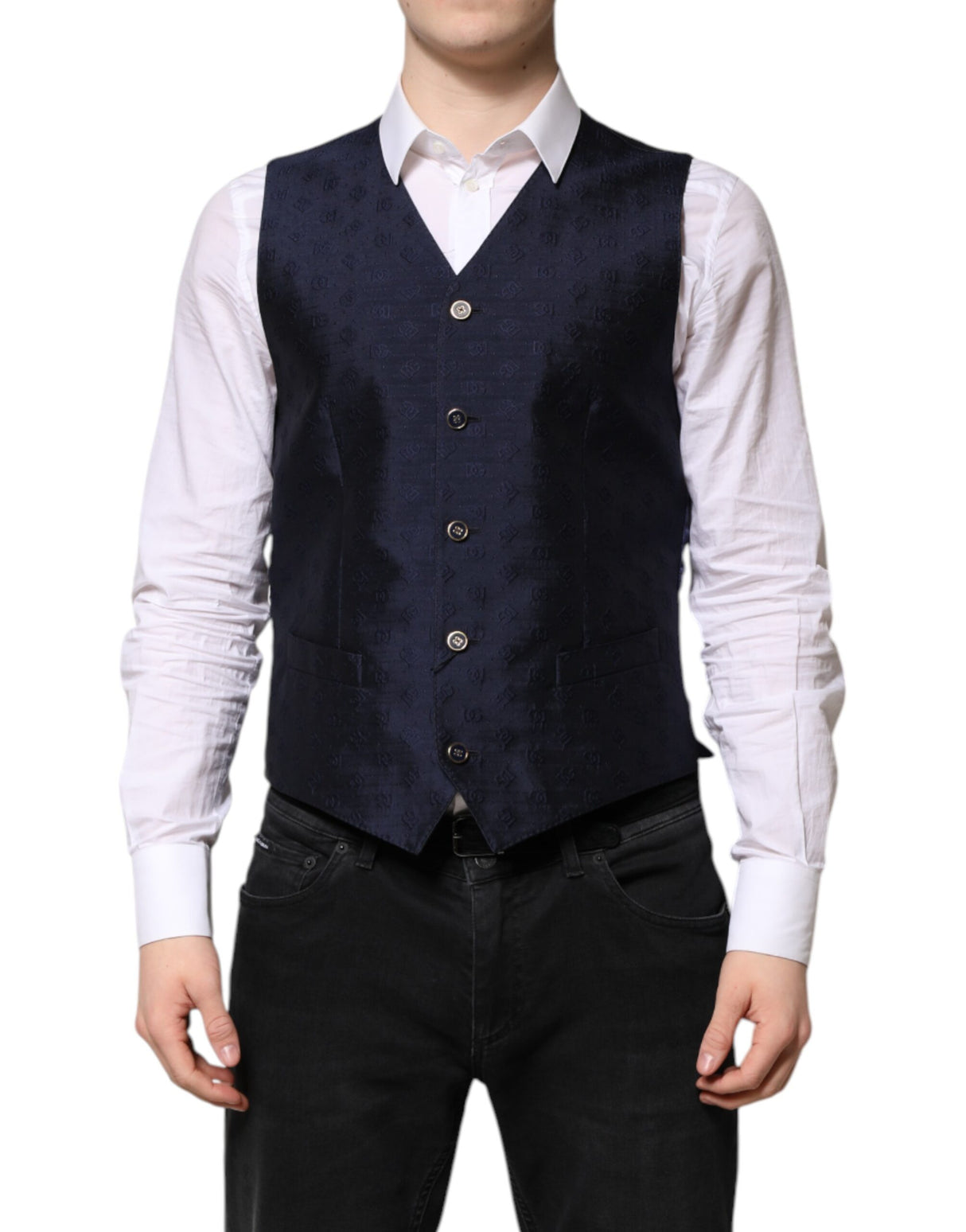 Dolce & Gabbana Dark Blue Logo Wool Formal Men Waistcoat Vest