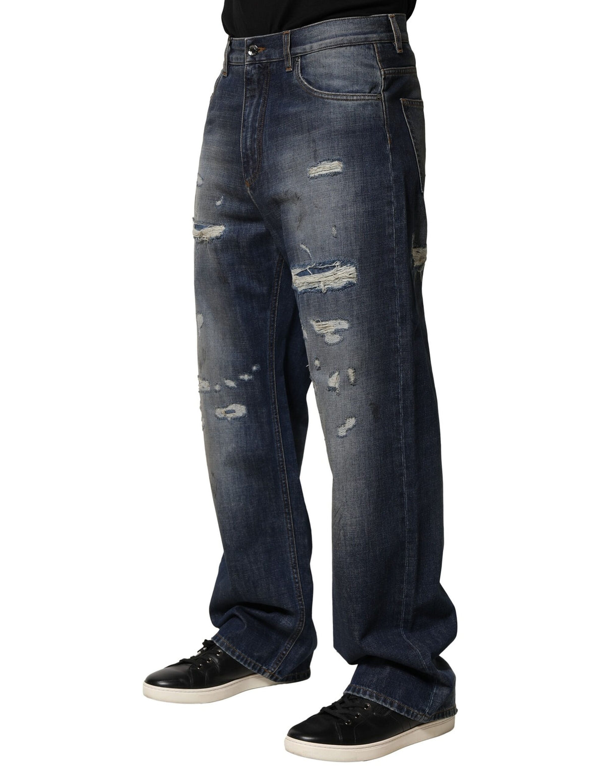 Dolce & Gabbana Blue Washed Tattered Cotton Men Jeans