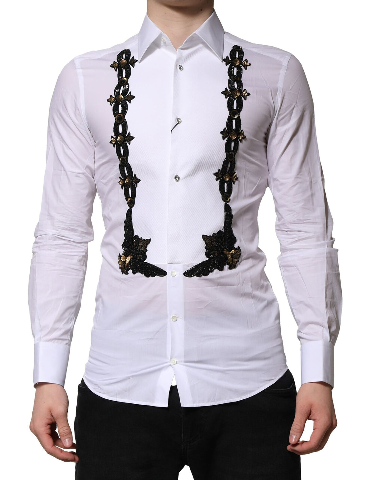 Dolce & Gabbana White GOLD Embellished Formal Men Dress Shirt