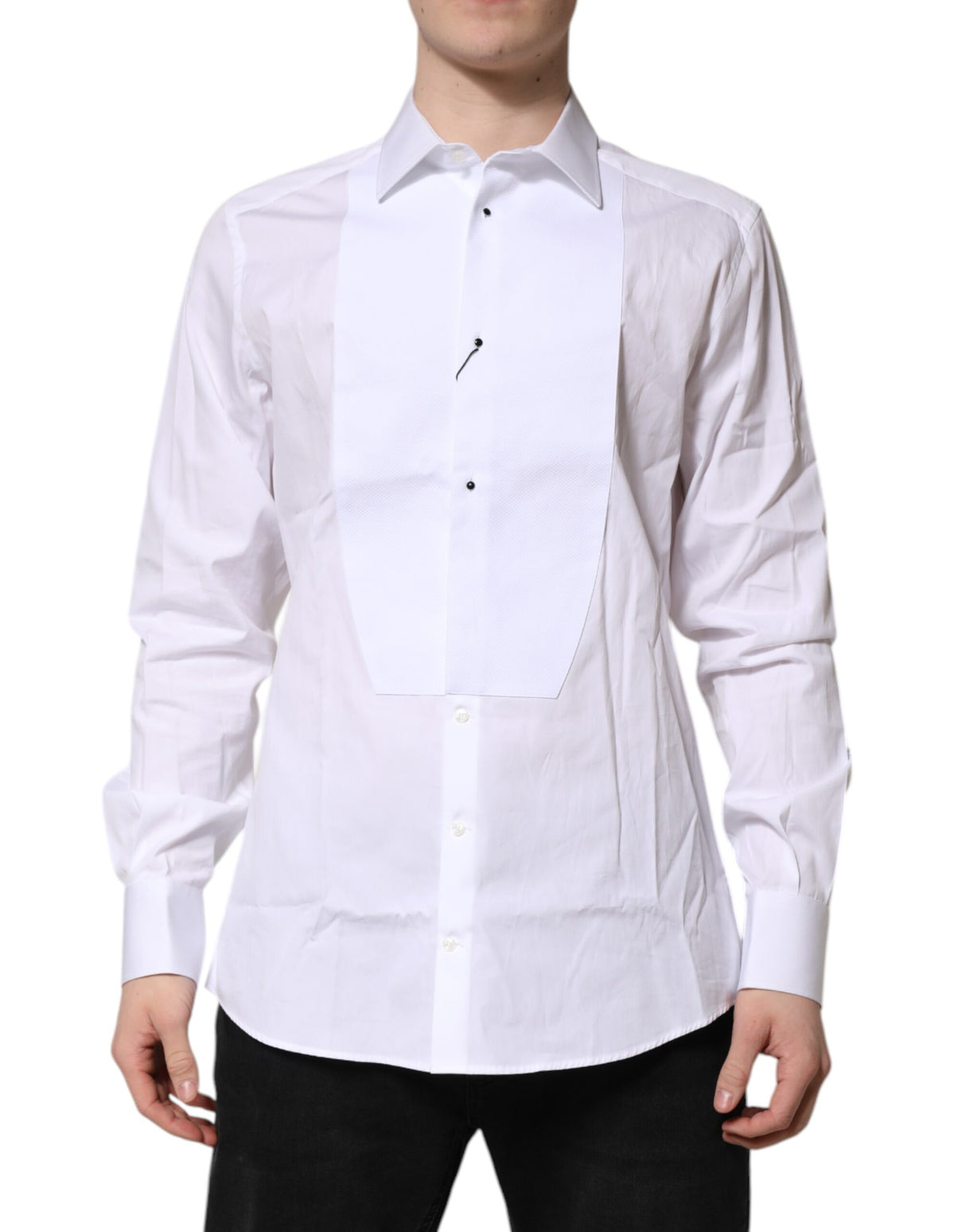Dolce & Gabbana White Silk Bib Poplin GOLD Men Formal Shirt