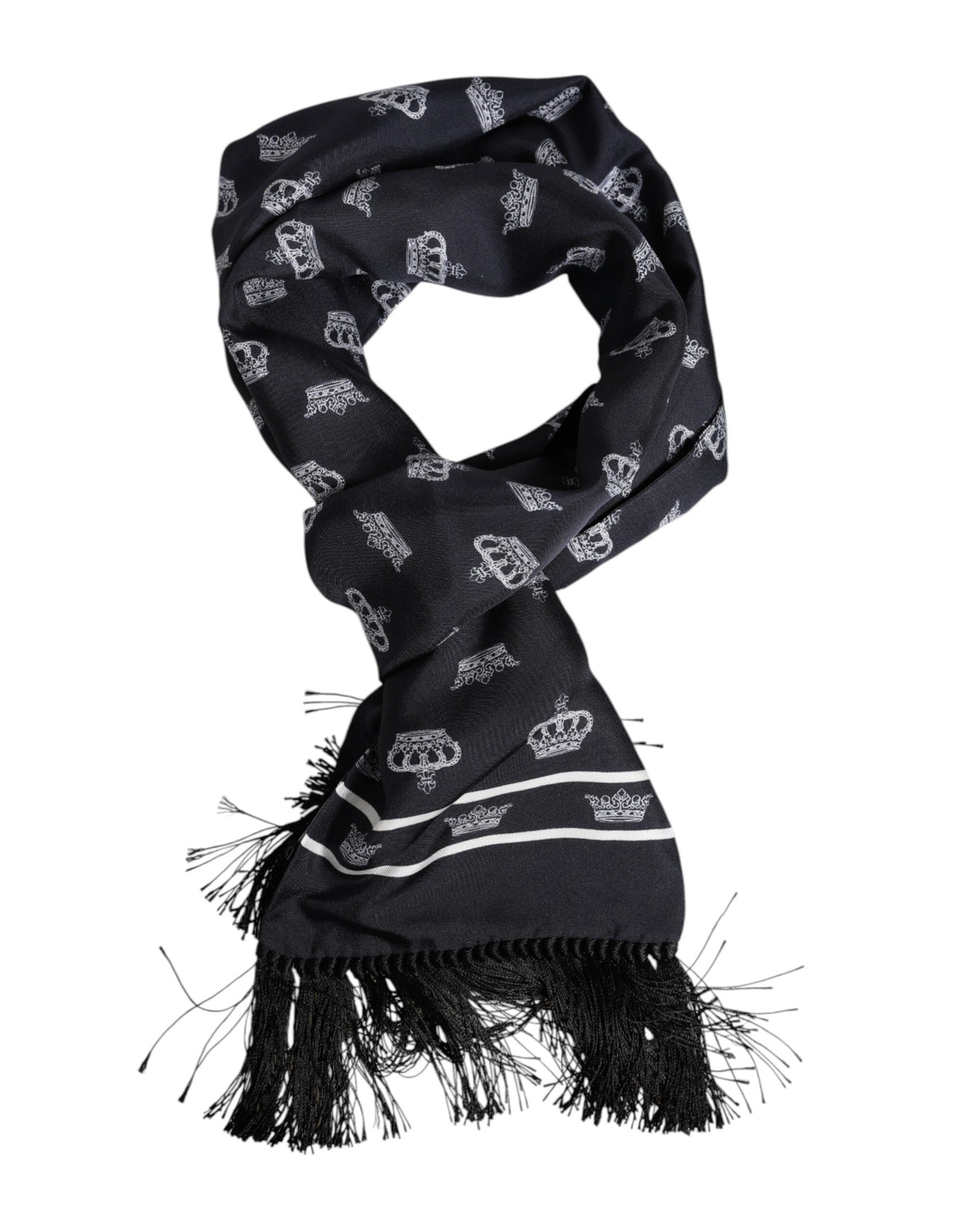 Dolce & Gabbana Black Silk Crown Fringes Men Foulard Scarf