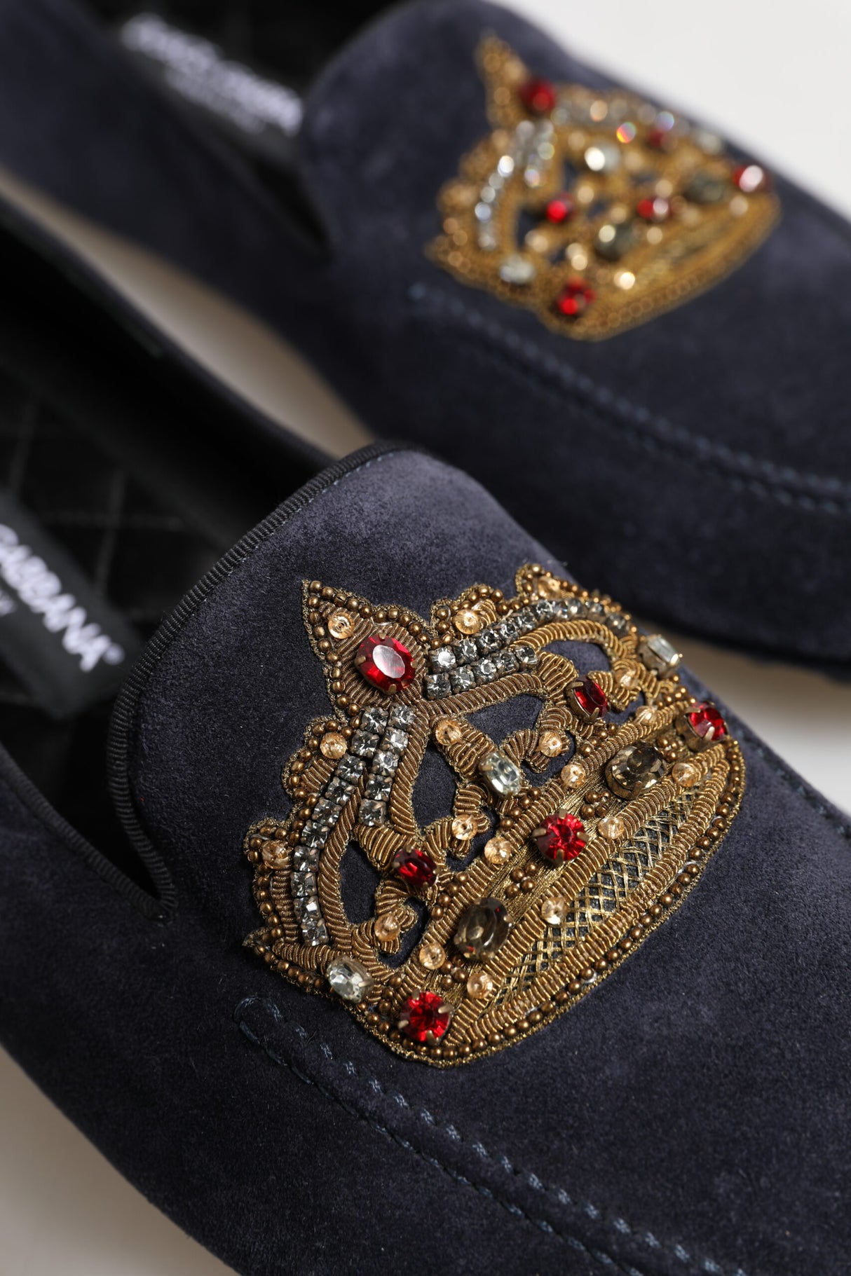 Dolce & Gabbana Blue Suede Crown Crystal Loafers Dress Shoes