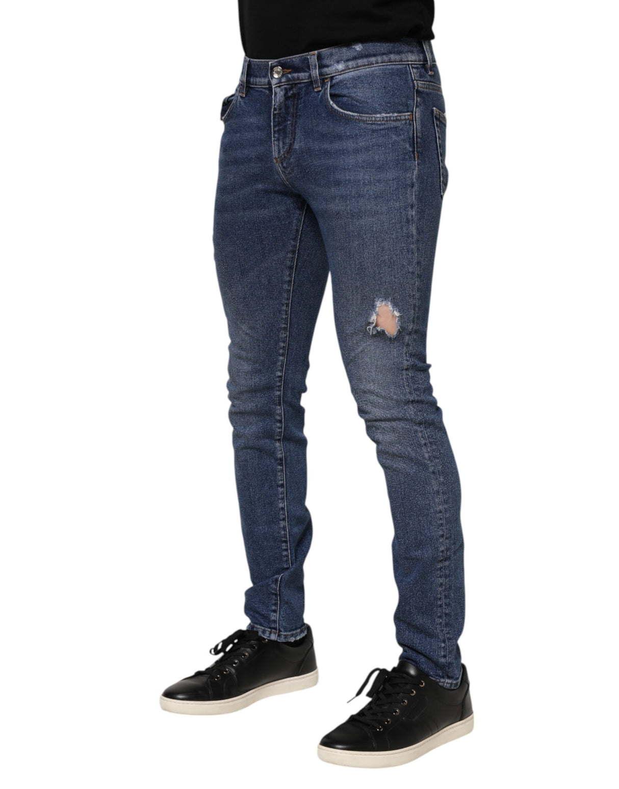 Dolce & Gabbana Blue Cotton Logo Plaque Skinny Men Denim Jeans