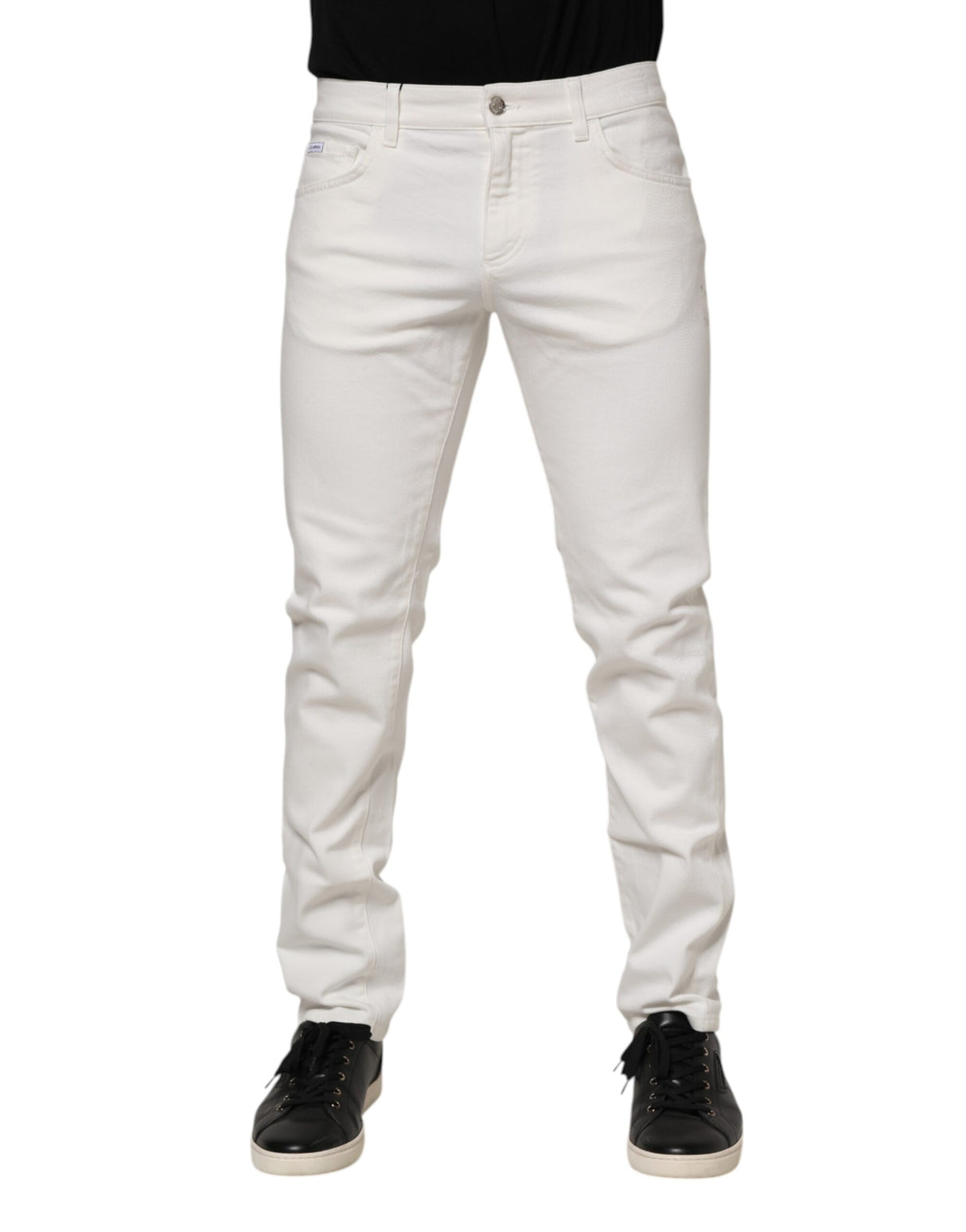 Dolce & Gabbana White Cotton Logo Plaque Slim Fit Denim Jeans