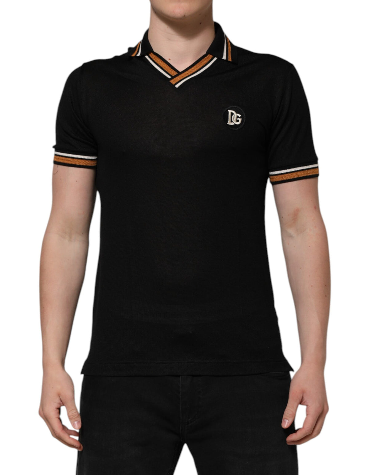 Dolce & Gabbana Black DG Silk V-neck Collared Men Polo T-shirt